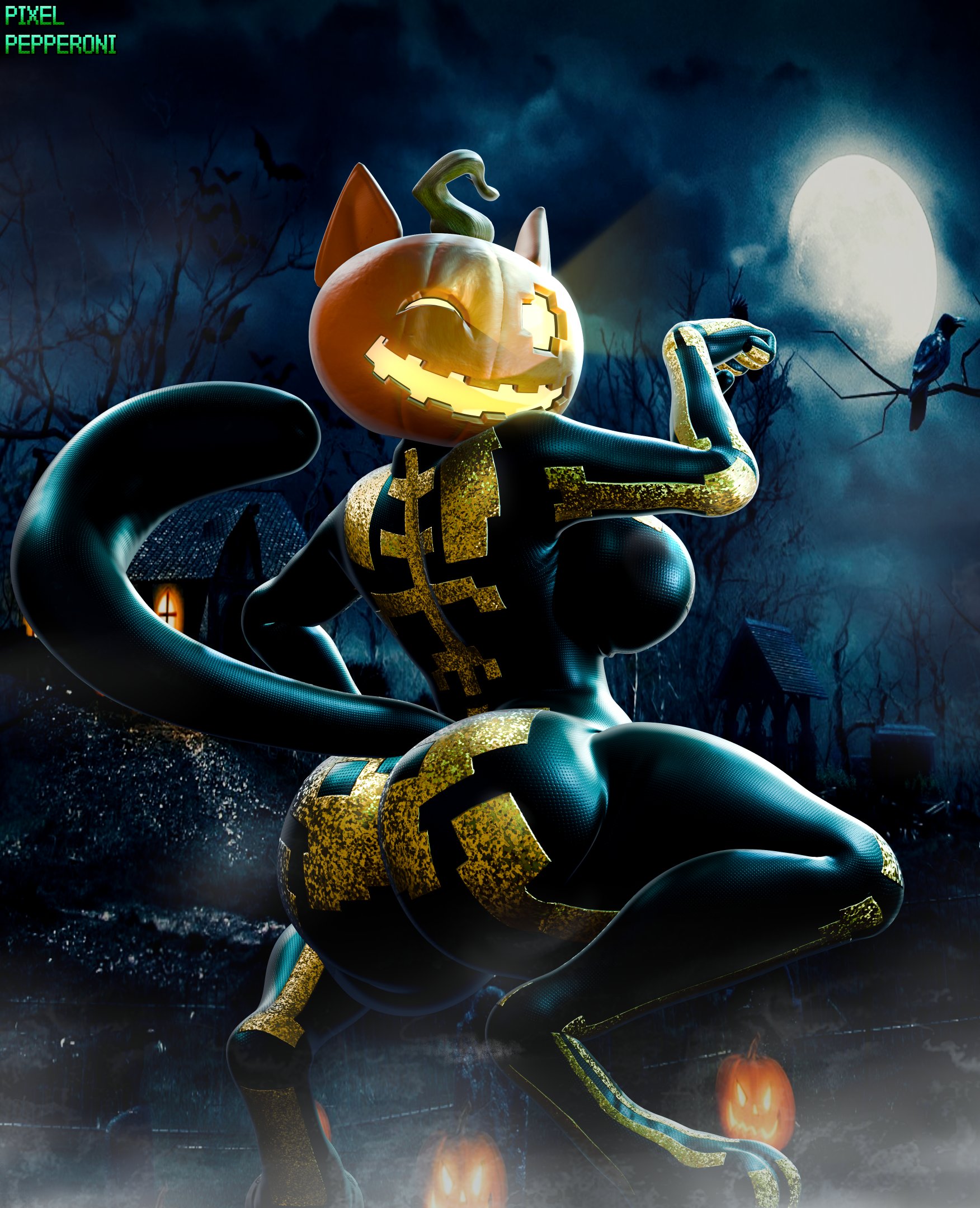 1girls, alternate version available, big breasts, breasts, female, furry, huge ass, looking at viewer, looking back, pixelpepperoni, presenting hindquarters, pumpkin, solo female, spice (fortnite), squatting, tagme, thick thighs