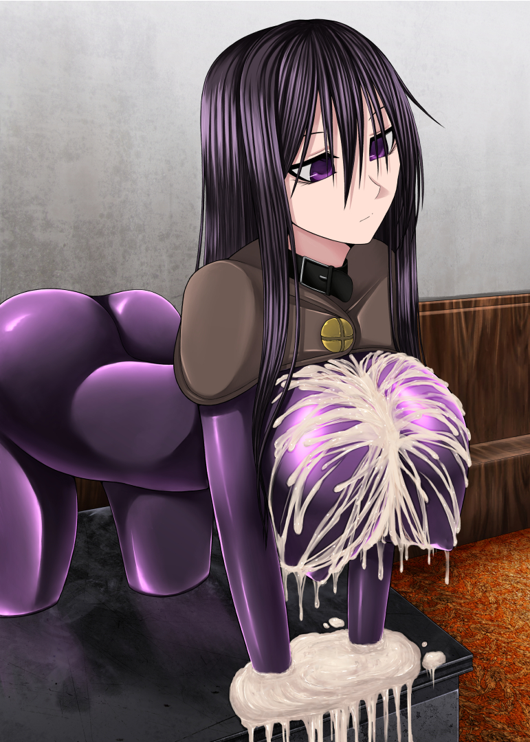 aebafuti after_sex all_fours ass breasts collar cum cum_on_breasts cum_on_upper_body erect_nipples female hanging_breasts highres huge_breasts latex legs long_hair looking_away purple_eyes purple_hair serious solo thighs