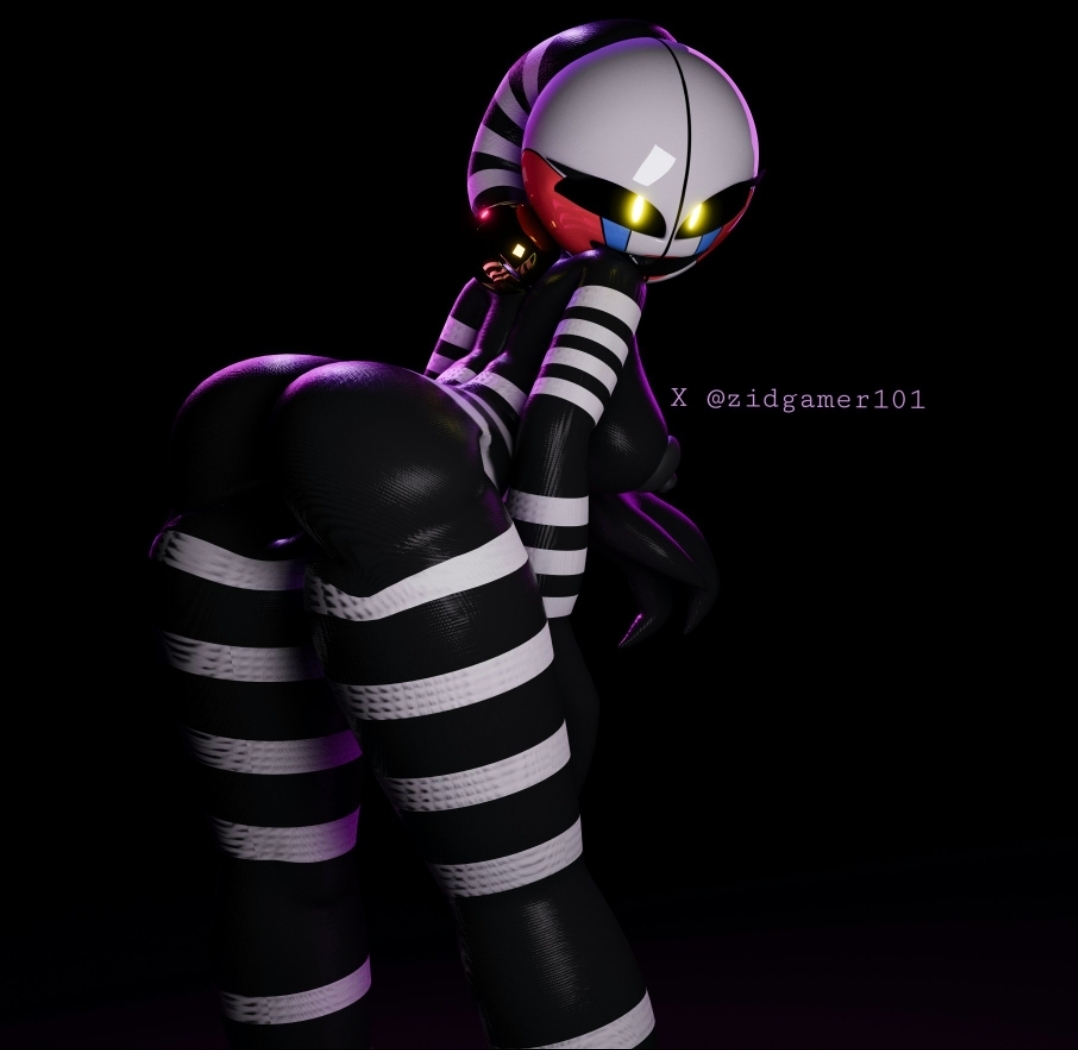 1girls, 3d, ass, ass focus, bending over, bent over, black body, black nipples, breasts, bubble ass, bubble butt, butt focus, clown, clown girl, female, female only, five nights at freddy's, freddy fazbear's pizzeria simulator, jester, looking back, mime, nipples, nude, nude female, puppet (fnaf), security puppet (fnaf), solo, tagme, thick thighs, thighs, yellow eyes, zynox