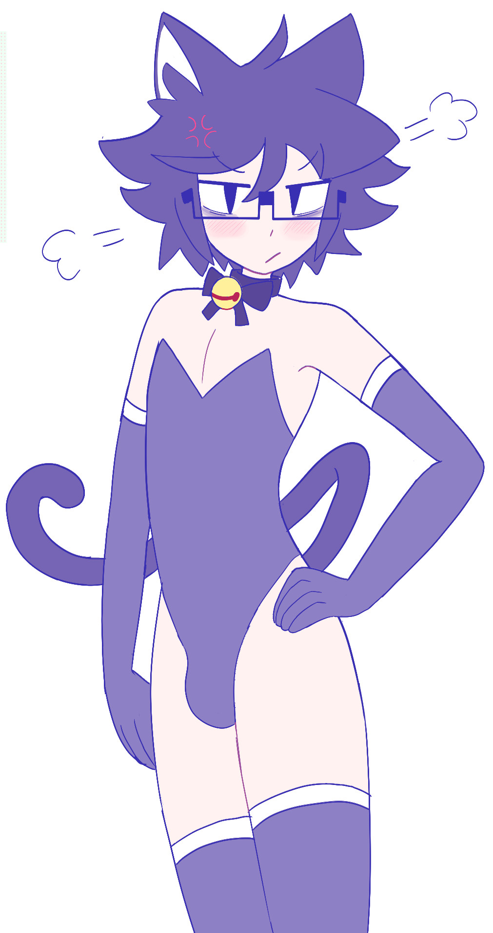1boy, 2d, amaruu, anger vein, annoyed, bell collar, blush, bulge, cat ears, cat tail, catboy, clothed, clothed male, collar, crossdressing, crossdressing male, feline humanoid, femboy, femboy only, gero (amaruu), glasses, gloves, hand on hip, leotard, long gloves, male, male only, monochrome, non-nude, original, original character, playboy bunny leotard, solo, solo femboy, solo male, strapless leotard, tail, thighhighs