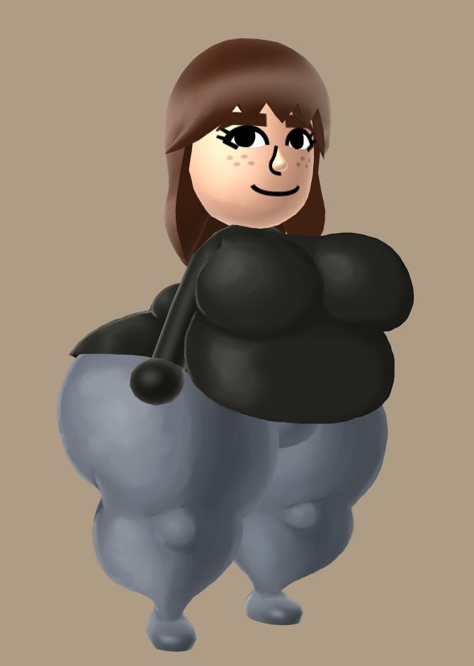 1girls, ass, ass from the front, ass visible through thighs, big ass, big belly, big breasts, big butt, black shirt, breasts, bubble ass, bubble butt, chubby, chubby female, clothing, cristina (sillytoad), edit, fat, female, freckles, freckles on face, huge ass, huge breasts, huge hips, huge thighs, large ass, large breasts, long hair, looking at viewer, mii, mob face, nintendo, nintendo switch, nintendo wii, original, original character, pants, shirt, sillychubbytoad, simple background, smile, solo, solo female, thick ass, thick thighs, wide hips, wii