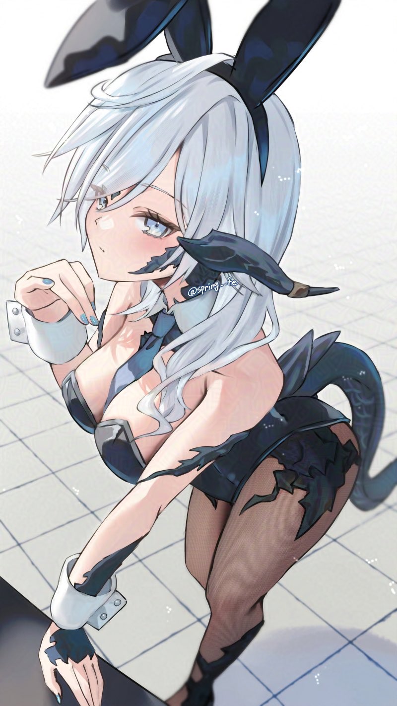 1girls, au ra, black bunnysuit, breasts, bunny ears, bunnysuit, exposed breasts, female, final fantasy, final fantasy xiv, horns, long hair, scales, spring  fe, thighhighs, white hair, xaela