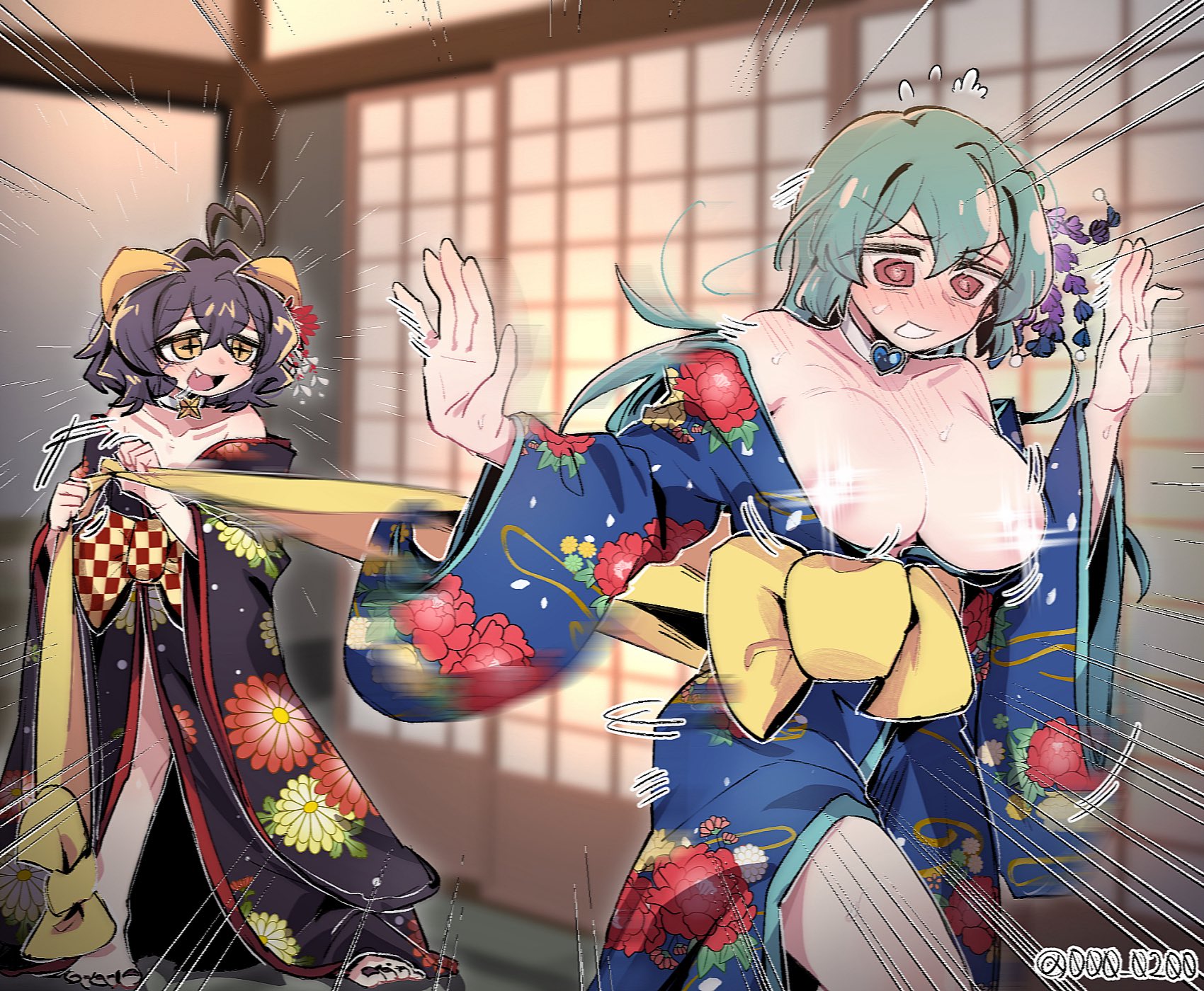 2girls, ahoge, an sin, ass, bangs, big ass, big breasts, big butt, big thighs, black hair, black nails, blue hair, blush, blush lines, blushed face, breasts, bridal gauntlets, buns, butt blush, cute fang, elbow gloves, female, female only, gloves, gushing over magical girls, hair, hair bun, hair ornament, hairbow, hiiragi utena, hips, japanese clothes, kimono, long hair, magia azul, magia baiser, mahou shoujo ni akogarete, masochism, masochistic female, minakami sayo, nail polish, one eye closed, painted nails, panties, pussy, skindentation, sleeves past fingers, sleeves past wrists, spiral eyes, star pasties, thick thighs, thighhighs, thighs, thong, unaligned breasts, yellow eyes, yuri