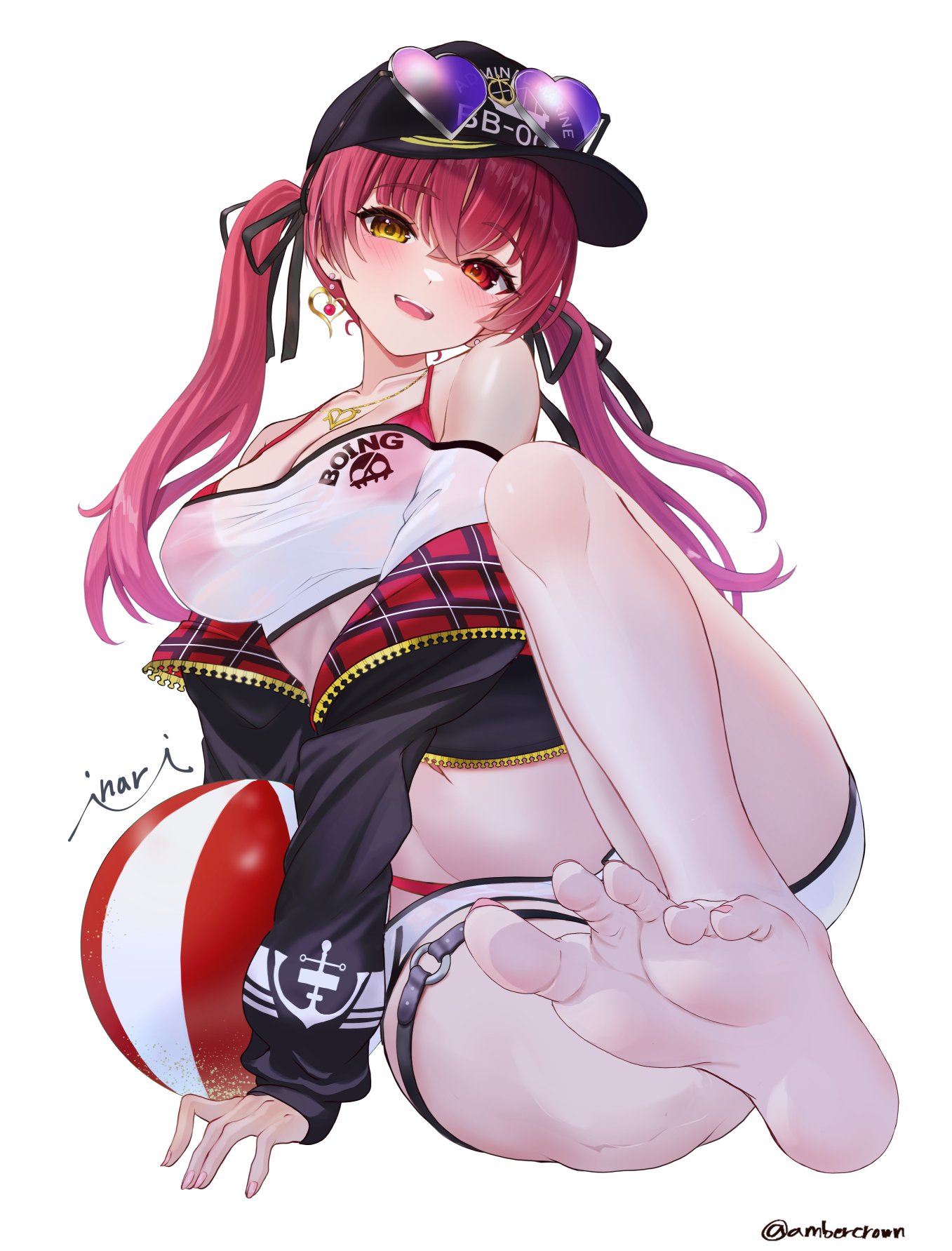 artist name, ball, barefoot, baseball cap, beachball, bikini, bikini under clothes, black hat, black jacket, black ribbon, breasts, commentary, commentary request, cropped shirt, dolphin shorts, duplicate, earrings, eyewear on head, feet, female, foot focus, halterneck, hat, heart, heart-shaped eyewear, heterochromia, highres, hololive, hololive fantasy, hololive japan, hood, hooded jacket, houshou marine, houshou marine (summer), inari (ambercrown), jacket, jewelry, large breasts, long hair, looking at viewer, o-ring, o-ring thigh strap, on ground, open mouth, partially unzipped, red bikini, red eyes, red hair, ribbon, see-through clothes, see-through shirt, shirt, short shorts, shorts, simple background, string bikini, sunglasses, swimsuit, t-shirt, thigh strap, twintails, virtual youtuber, wet, wet clothes, wet shirt, white background, white shirt, white shorts, yellow eyes