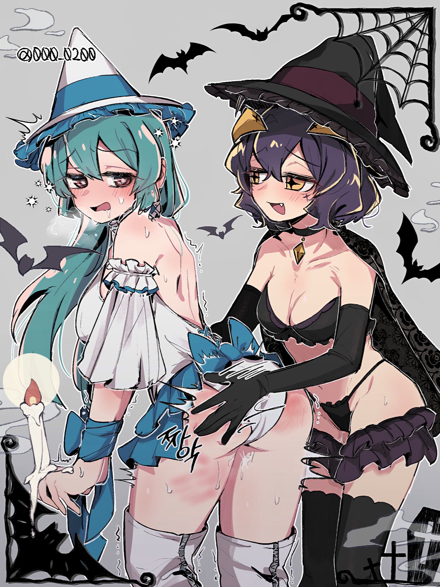 2girls, ahoge, an sin, ass, bangs, big ass, big breasts, big butt, black hair, black nails, blue hair, blush, breasts, bridal gauntlets, buns, butt blush, cute fang, elbow gloves, female, female only, gloves, gushing over magical girls, hair, hair bun, hair ornament, hairbow, halloween, halloween costume, halloween decoration, hiiragi utena, hips, lingerie, lingerie bra, lingerie panties, long hair, magia azul, magia baiser, mahou shoujo ni akogarete, masochism, masochistic female, minakami sayo, miniskirt, nail polish, one eye closed, painted nails, panties, pussy, skindentation, sleeves past fingers, sleeves past wrists, spank marks, spanking, spanking ass, spanking butt, spanking marks, spiral eyes, star pasties, thighhighs, thighs, thong, unaligned breasts, witch, witch costume, witch hat, yellow eyes, yuri