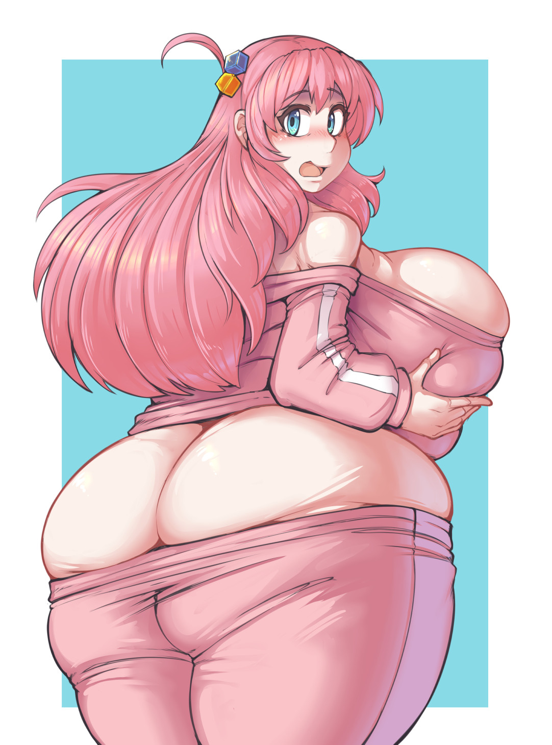 1girls, 2025, ass, ass cleavage, ass crack, ass focus, back view, big ass, big breasts, blue eyes, blush, bocchi the rock!, bottomwear, bottomwear halfway down, breasts, butt cleavage, butt crack, fat ass, female, female only, flustered, gotou hitori, holding breast, huge ass, huge breasts, kittenboogers, long hair, pants down, pink clothing, pink hair, solo female, surprised, tagme, thick thighs, wardrobe malfunction
