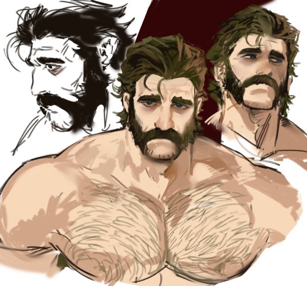 bara, beard, big breasts, big chest, breasts, brown hair, brunette, chest hair, daddy, depressed, dilf, dispatch (game), dopq, gloom (expression), hairy, hairy armpits, hairy chest, hairy male, looking at viewer, looking down, male, male only, muscular, muscular male, phenomaman, sad, spitting, submissive, submissive male, yaoi