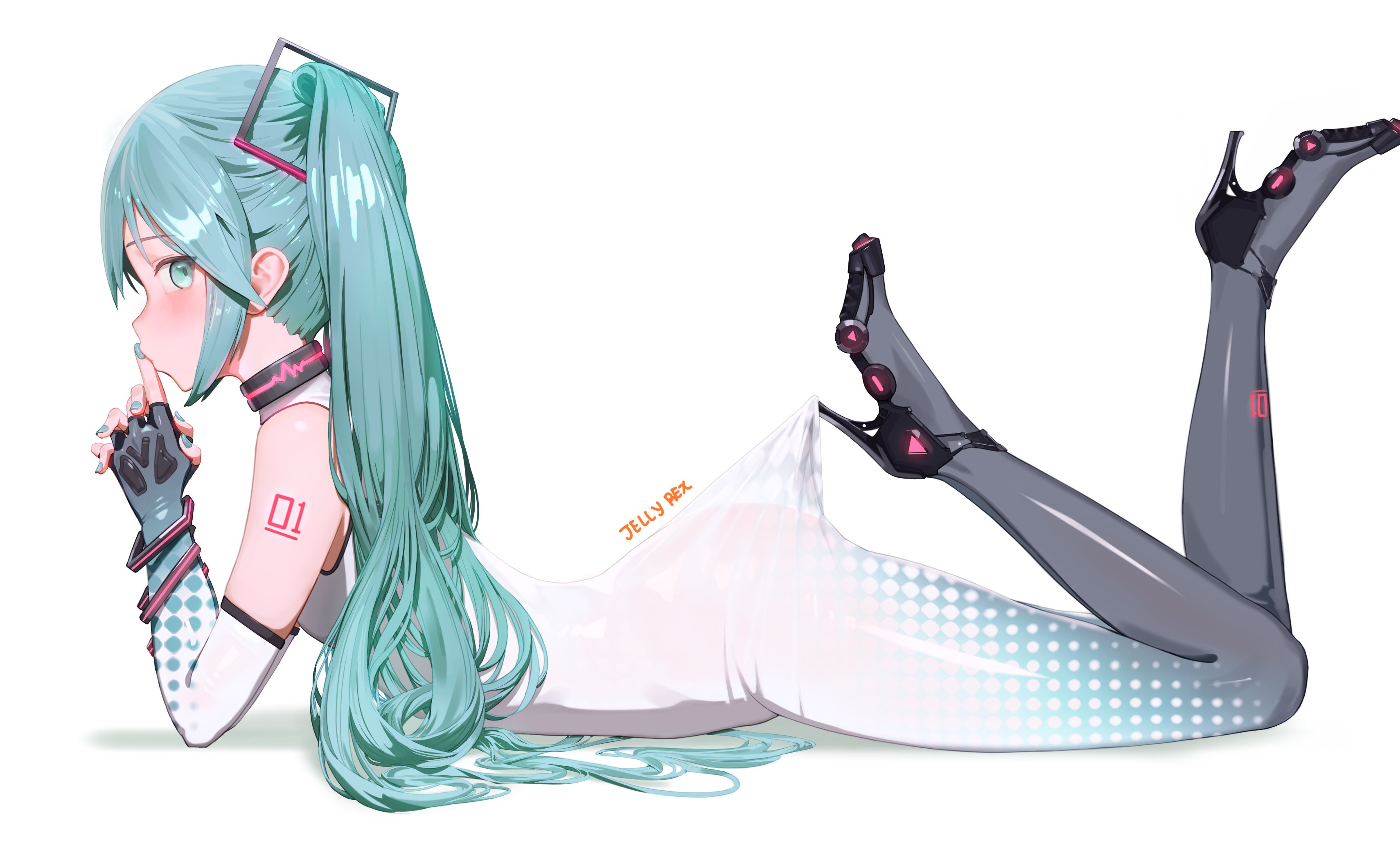 1girl, 1girls, absurdres, aqua eyes, aqua hair, aqua nails, arm tattoo, ass, bare shoulders, black shoes, black unitard, blush, bodysuit, commentary, detached sleeves, dress, elbow gloves, english commentary, feet up, female, finger to mouth, fingerless gloves, from side, gloves, green eyes, green gloves, green hair, hair ornament, hatsune miku, high heels, highres, jellyrexart, lace pantyhose hooked on heel (meme), legs up, long hair, looking at viewer, lying, meme, nail polish, number tattoo, on stomach, own hands together, profile, see-through, shoes, shoulder tattoo, simple background, sleeveless, solo, tattoo, thigh boots, twintails, two-tone gloves, two-tone unitard, unitard, very long hair, vocaloid, white background, white gloves, white unitard