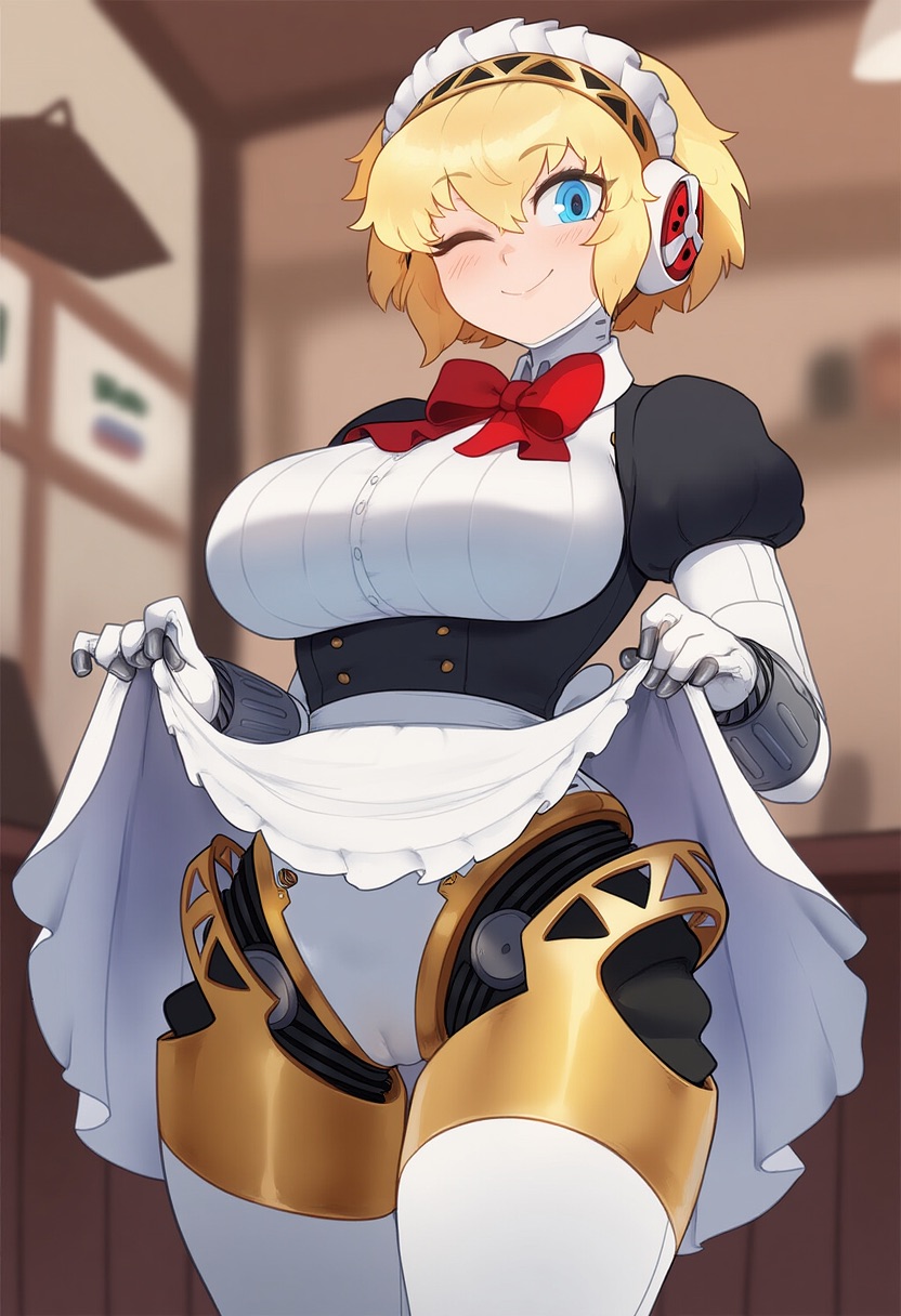 1girls, 777form777, ai generated, aigis (persona), blonde hair, blue eyes, blush, breasts, cafe, female, female only, huge breasts, lifting skirt, looking at viewer, maid, maid headdress, maid outfit, maid uniform, makeup, persona, persona 3, pussy, pussy visible through clothes, robot, robot girl, short hair, simple background, solo, solo female, wink, winking at viewer