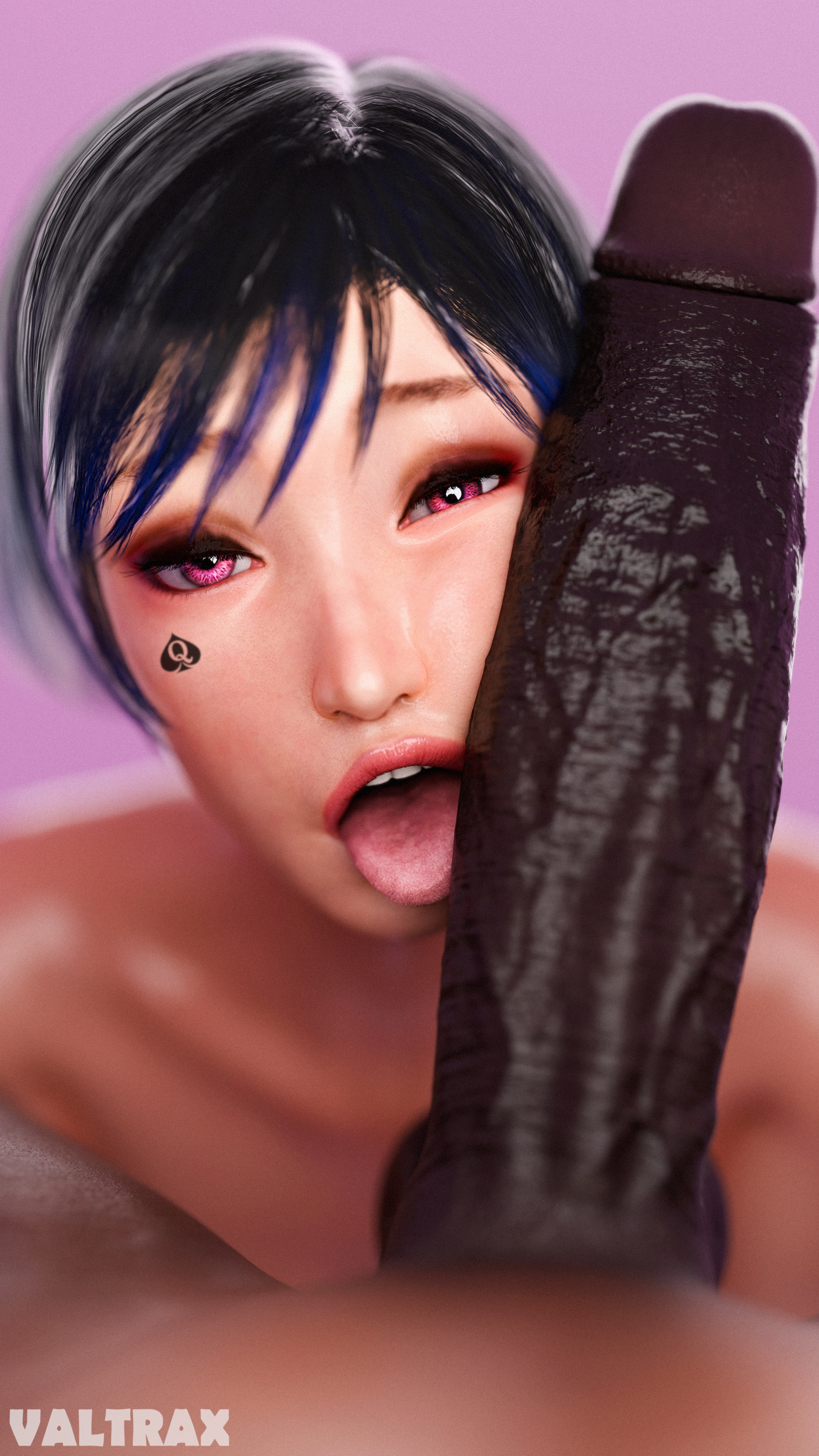 1boy, 1girls, 3d, 3d (artwork), 3d render, artist name, asian, asian female, black hair, cheating, dark-skinned male, erection, female, hetero, interracial, looking at viewer, male, open mouth, oral, penis, pink eyes, purple hair, reina mishima, spade tattoo, tekken, tekken 8, tongue out, valtrax