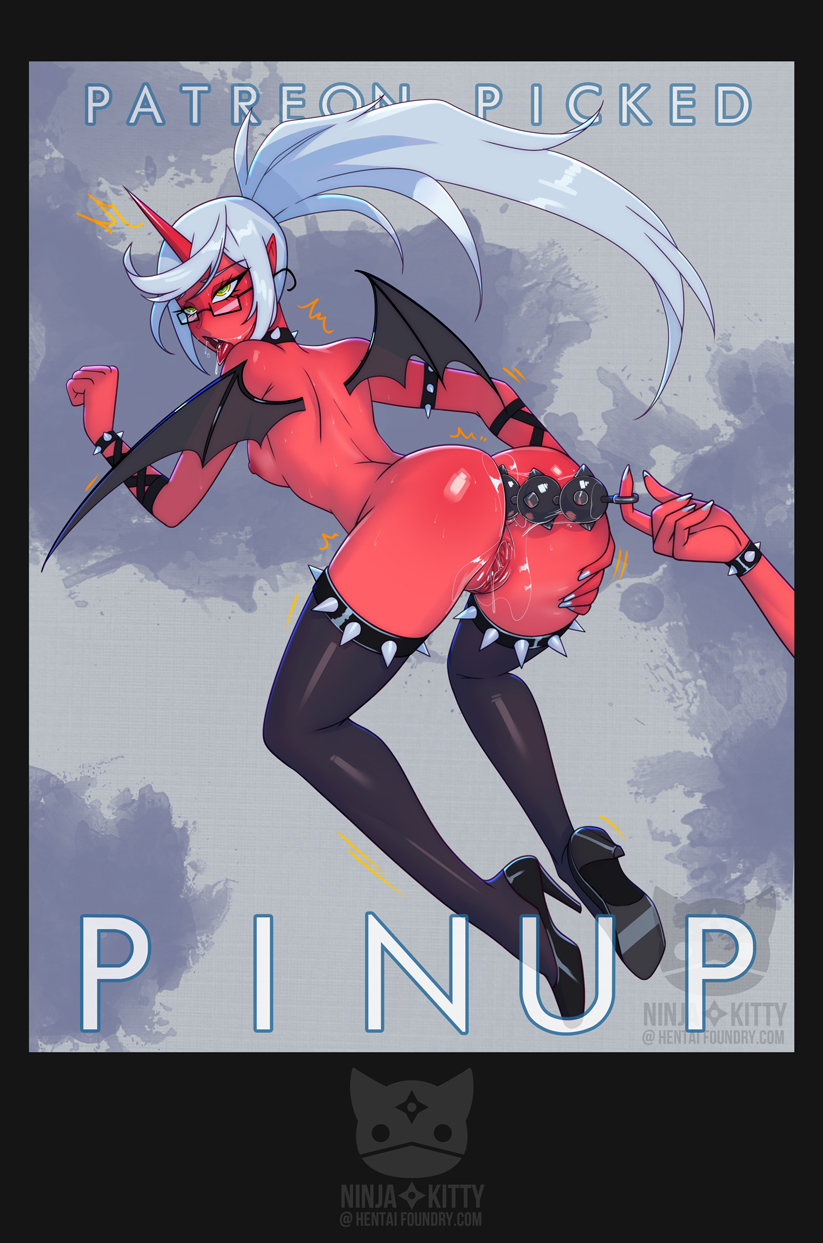 2d, 2d (artwork), ahe gao, anal beads, artist name, breasts, demon, demon girl, english text, female, glasses, high heels, horn, kneesocks daemon, naked footwear, new panty & stocking with garterbelt, ninjakitty, nipple, nipples, nude, nude female, panty & stocking with garterbelt, pulling anal beads, pussy, red skin, sex toy, single horn, spiked anal beads, spiked bracelet, spiked stockings, spiked wristband, stockings, tagme, tongue out, vagina, white hair, white hair female, white-haired female, wings