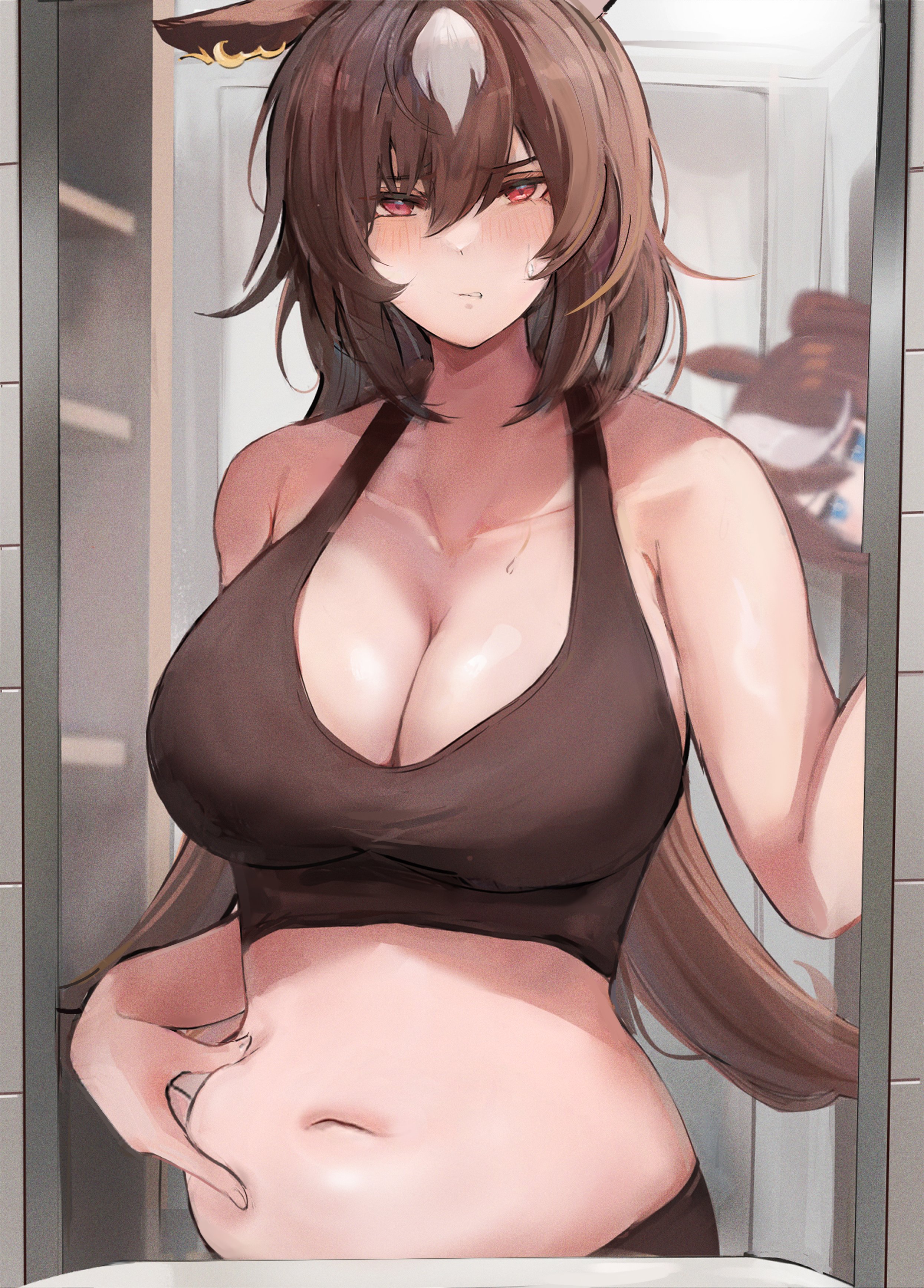 2girls, belly, breasts, brown eyes, brown hair, female, large breasts, looking at viewer, mirror reflection, plump, sirius symboli (umamusume), tokai teio (umamusume), umamusume, usausanopopo5