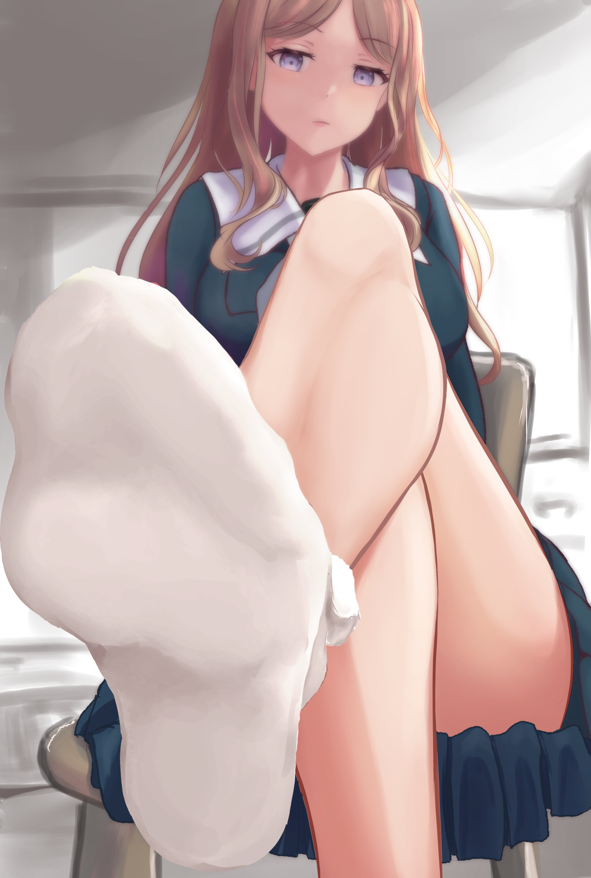 ankle socks, bang dream!, blue eyes, blue shirt, blue skirt, breasts, brown hair, chair, crossed legs, feet, female, foot focus, foot out of frame, foreshortening, head tilt, highres, indoors, large breasts, long hair, looking at viewer, middle part, nagasaki soyo, no shoes, on chair, parted bangs, parted lips, putong minzhong siliaoji, sailor collar, shirt, sidelocks, sitting, skirt, socks, soles of feet in socks, white sailor collar, white socks