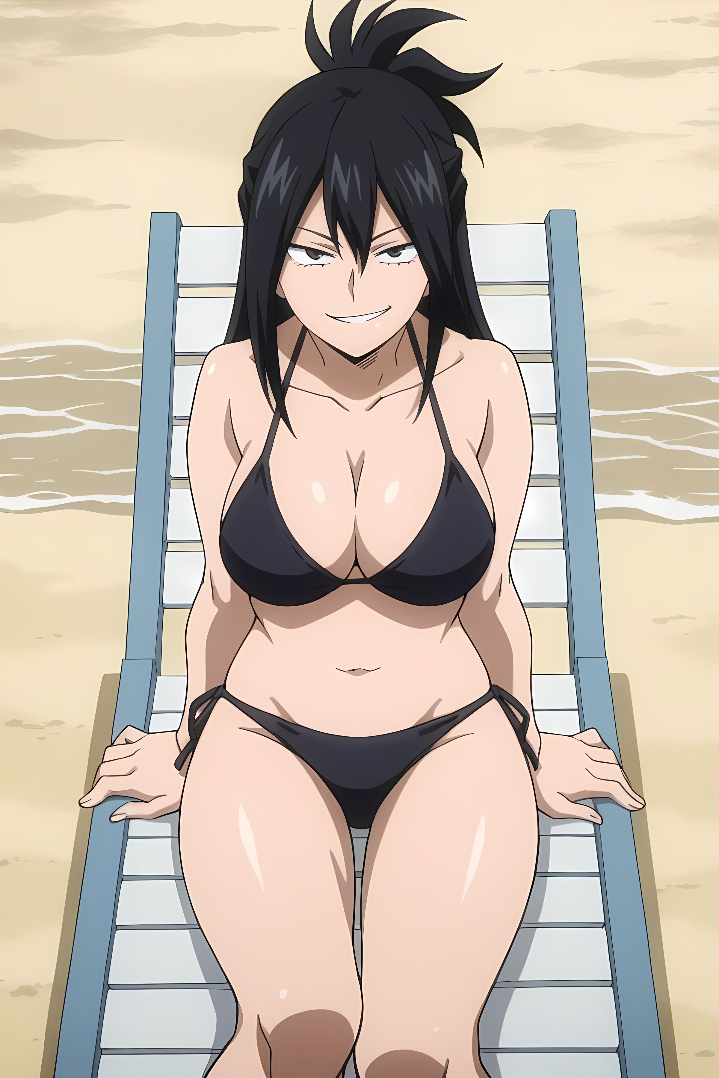 ai generated, beach, beach chair, bikini, bikini bottom, bikini top, black bikini, black bikini bottom, black bikini top, cleavage, female, female only, front view, looking at viewer, my hero academia, nana shimura, pinku.ai, sand, sitting, smirk
