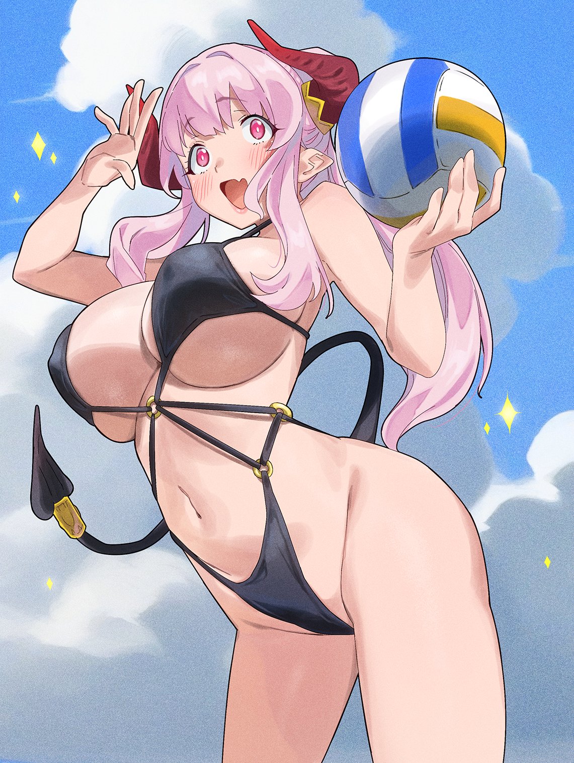 blush, breasts, cleavage, colorized, demon girl, demon horns, female, gaston18, groin, hair ribbon, highres, horns, huge breasts, kanan-sama wa akumade choroi, lillum (kanan-sama), long hair, mature female, navel, nonco, o-ring, pink hair, ponytail, purple ribbon, red eyes, revealing clothes, ribbon, sidelocks, smile, stomach, thighs, volleyball, white hair, wide hips