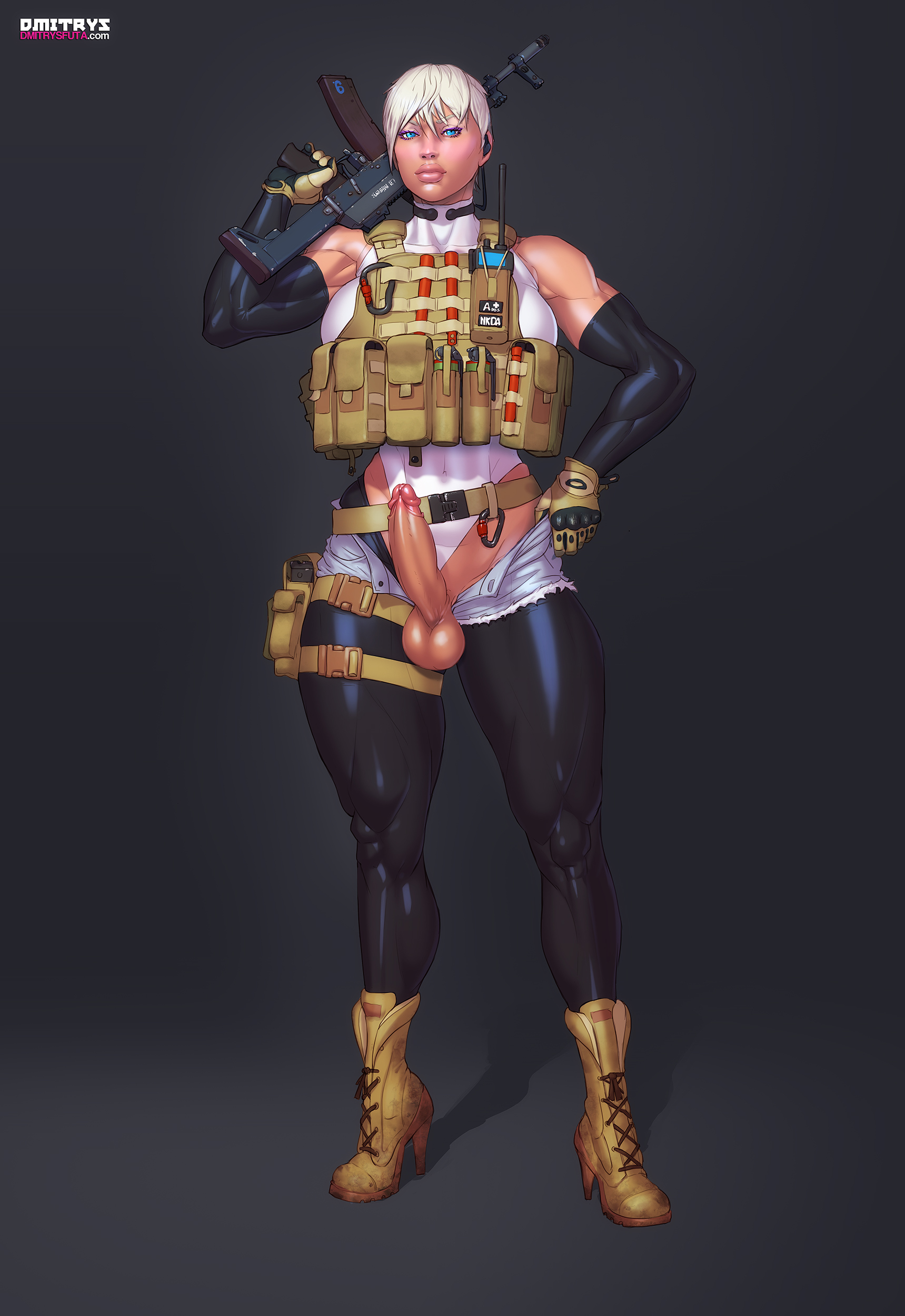 1futa, abs, assault rifle, balls, bangs, belt, blonde hair, blue eyes, boots, breasts, cyan eyes, detached sleeves, dmitrys, erect penis, erection, futa only, futanari, gloves, harness, heels, high heel boots, high heels, huge breasts, huge cock, intersex, large breasts, large penis, lips, looking away, meryl (dmitrys), muscle tone, muscles, no panties, penis, penis out, perky breasts, platinum blonde hair, pose, radio, rifle, short hair, short shorts, silver hair, skin tight, solo, solo futa, tactical gear, tactical vest, testicles, thick lips, thick thighs, thigh strap, uncensored, vest, walkie-talkie, weapon, white hair