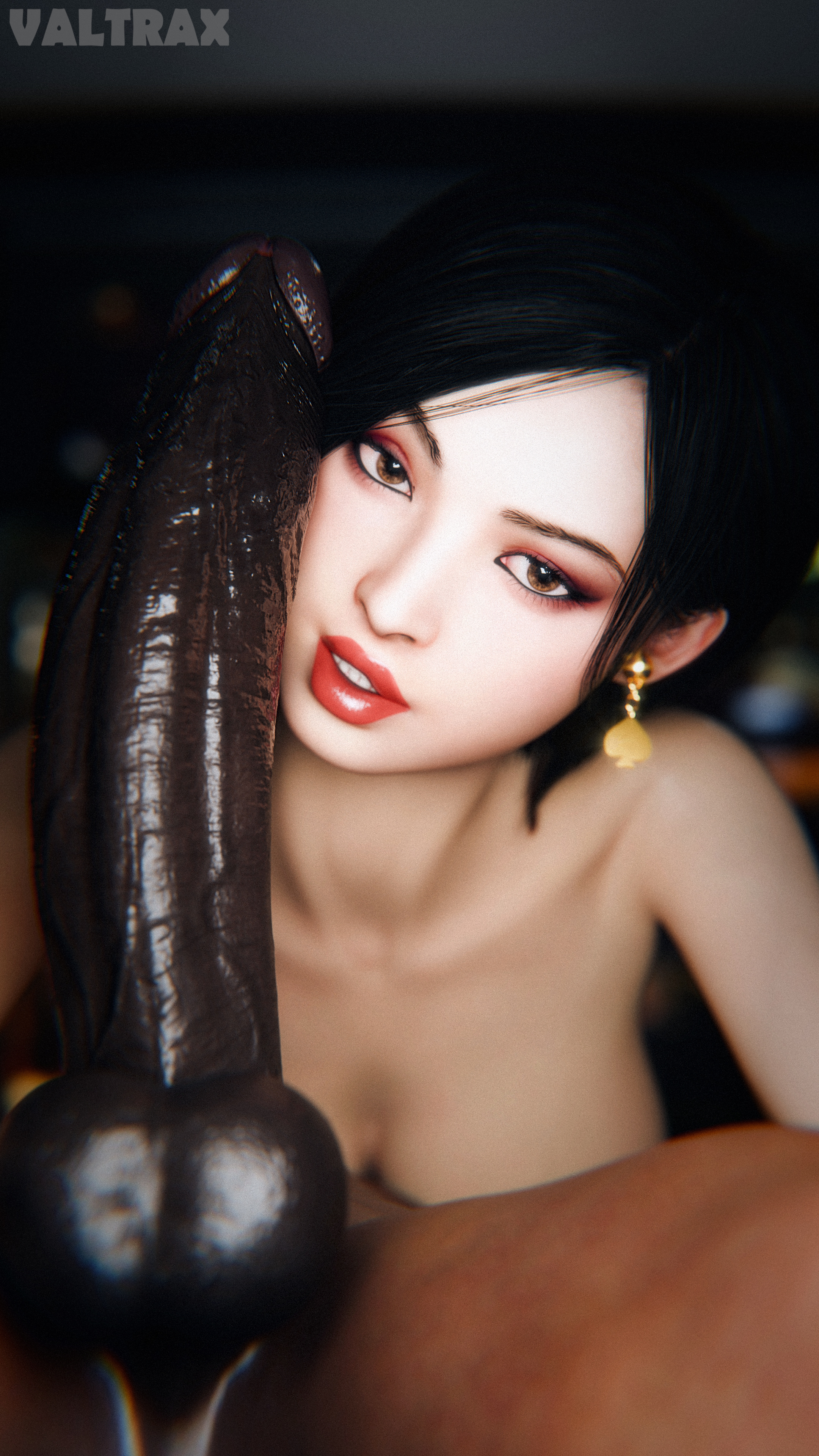 1boy, 1girls, 3d, 3d render, absurdly large cock, ada wong, asian, asian female, balls, big penis, black hair, blender, blender (software), capcom, cock, completely nude, dark skin, dark-skinned male, earrings, erection, eyeshadow, female, huge cock, interracial, jewelry, light skin, light-skinned female, lipstick, looking at viewer, makeup, male, male/female, nude, nude female, nude male, penis, qos, queen of spades, resident evil, resident evil 2, resident evil 2 remake, resident evil 4, resident evil 4 remake, spade earrings, testicles, valtrax