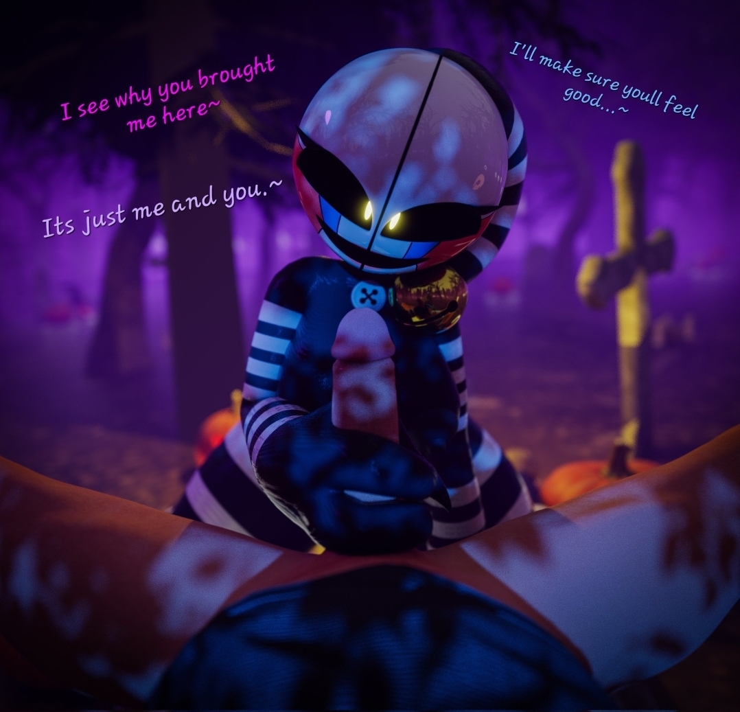 1girls, 3d, 3d (artwork), black body, black nipples, breasts, clown, clown girl, dialogue, female, five nights at freddy's, freddy fazbear's pizzeria simulator, graveyard, halloween, hand on penis, handjob, jester, male, male/female, mime, nipples, nude, nude female, penis, puppet (fnaf), security puppet (fnaf), tagme, thick thighs, thighs, yellow eyes, zynox