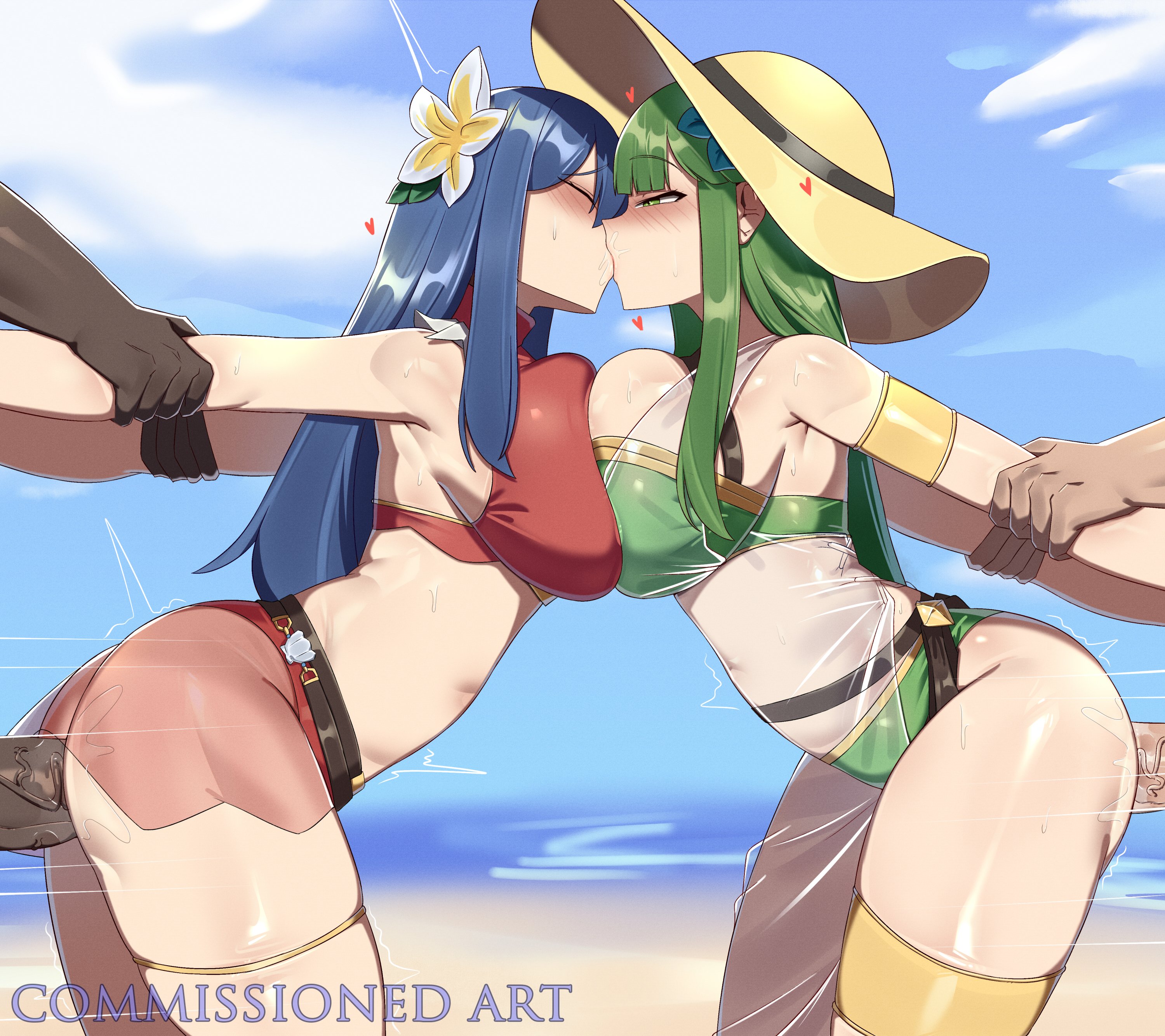 2boys, 2girls, bisexual, bisexual female, blue hair, blue hair female, breast press, caeda (fire emblem), cock, dick, doggy position, doggy style, doggystyle, eyebrows visible through hair, female, fire emblem, genitals, green hair, green hair female, kiss, kissing, kissing while penetrated, long hair, long hair female, male, palla (fire emblem), penis, sex, sex from behind, tetsu chokoreto, vein, veiny penis
