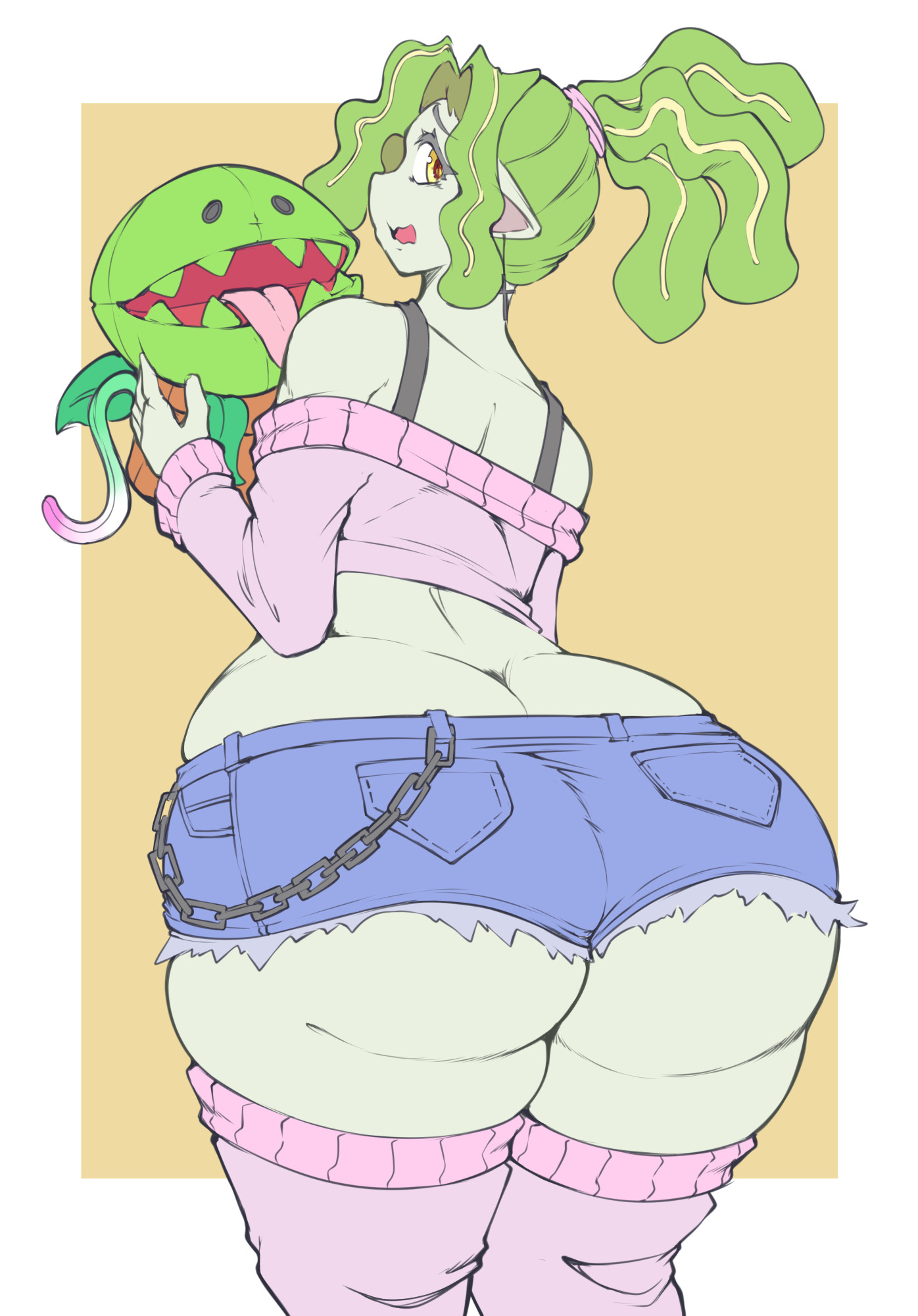 1girls, back view, booty shorts, bra strap, butt crack, cactilaine, character request, commission, fat ass, female, female only, green skin, huge ass, kittenboogers, looking back, solo female, tagme, thick thighs, thighhighs, wide hips