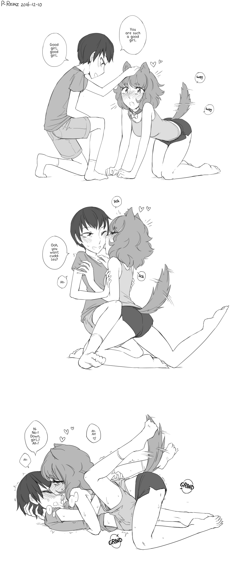 1boy, 1boy1girl, 1girls, amazon position, animal girl, black and white, blush, collar, dialogue, dog ears, dog girl, dog tail, english text, female, female on top, female/male, femdom, frottage through clothing, grabbing, grinding, heart, kneeling, licking, licking cheek, licking face, male, male on bottom, malesub, on all fours, onomatopoeia, overpowered, overpowering, petplay, petting, petting head, questionable consent, reavz, role reversal, shorts, socks, speech bubble, straight, sweating, t-shirt, tail, tailwag