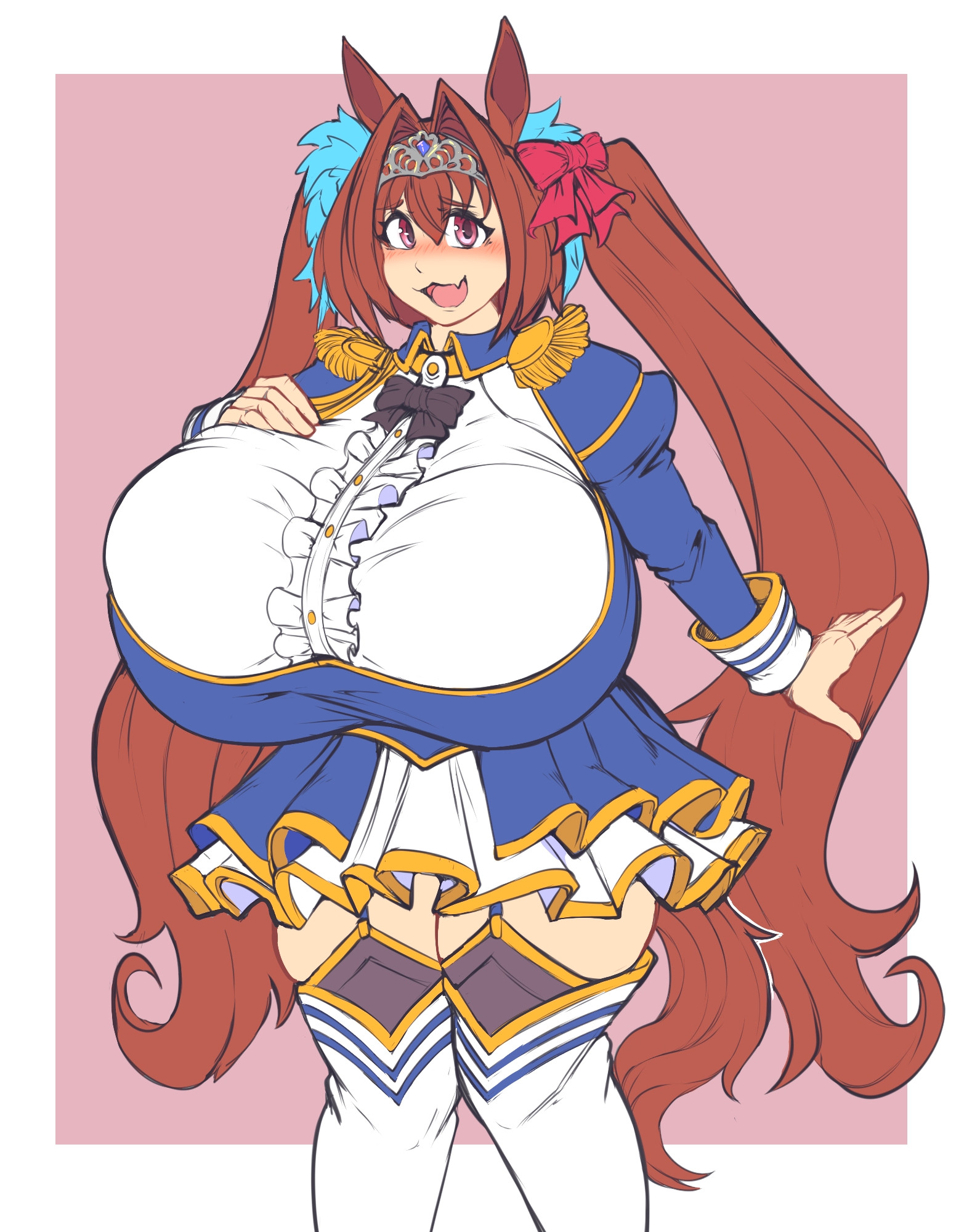 :3, blush, bow, breasts, brown hair, cat mouth, commission, daiwa scarlet (umamusume), female, fully clothed, hand on breast, horse girl, huge breasts, hyper breasts, kittenboogers, long hair, pink eyes, tagme, thick thighs, twintails, umamusume, umamusume pretty derby