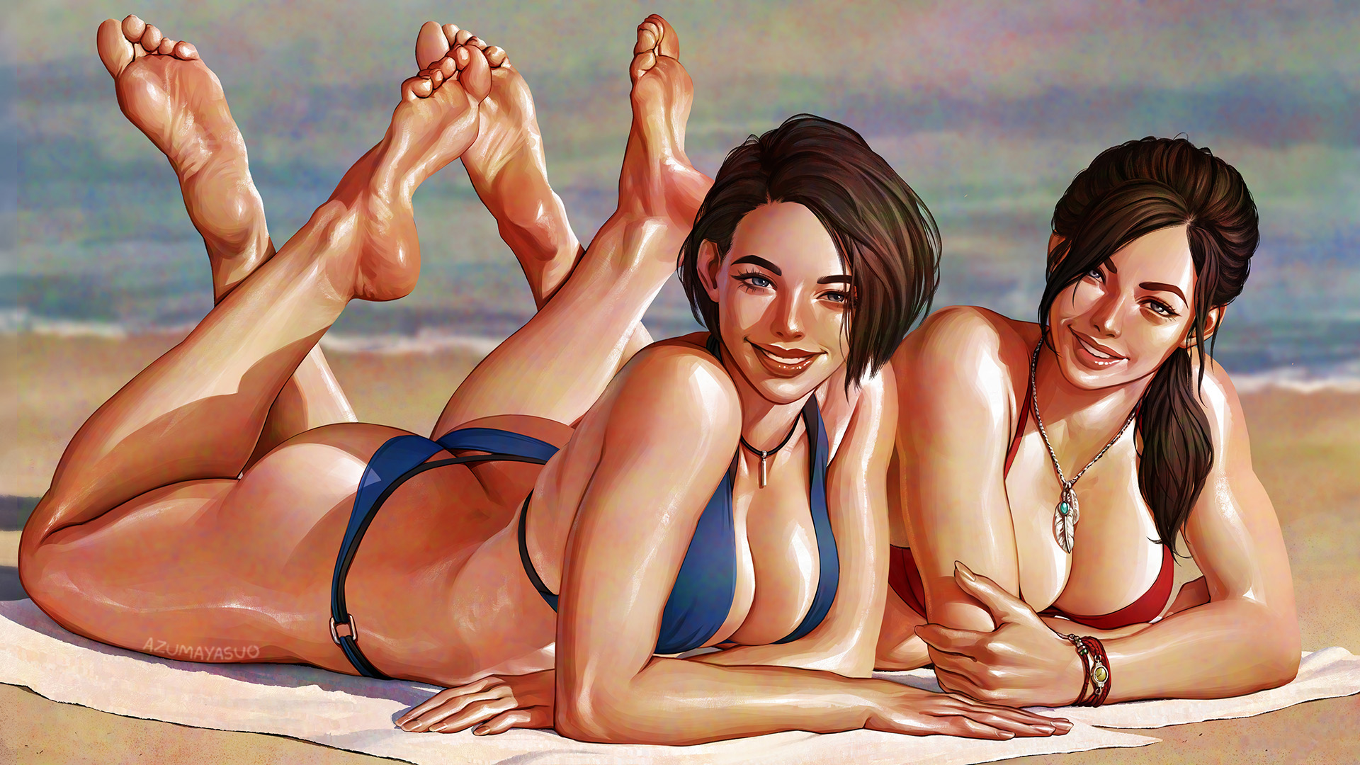 2d, 2girls, azuma yasuo, azumaarts, busty, capcom, claire redfield, claire redfield (jordan mcewen), feet, female, female focus, female only, hourglass figure, jill valentine, jill valentine (sasha zotova), resident evil, resident evil 2, resident evil 2 remake, resident evil 3, resident evil 3 remake, soles, toes, wide hips