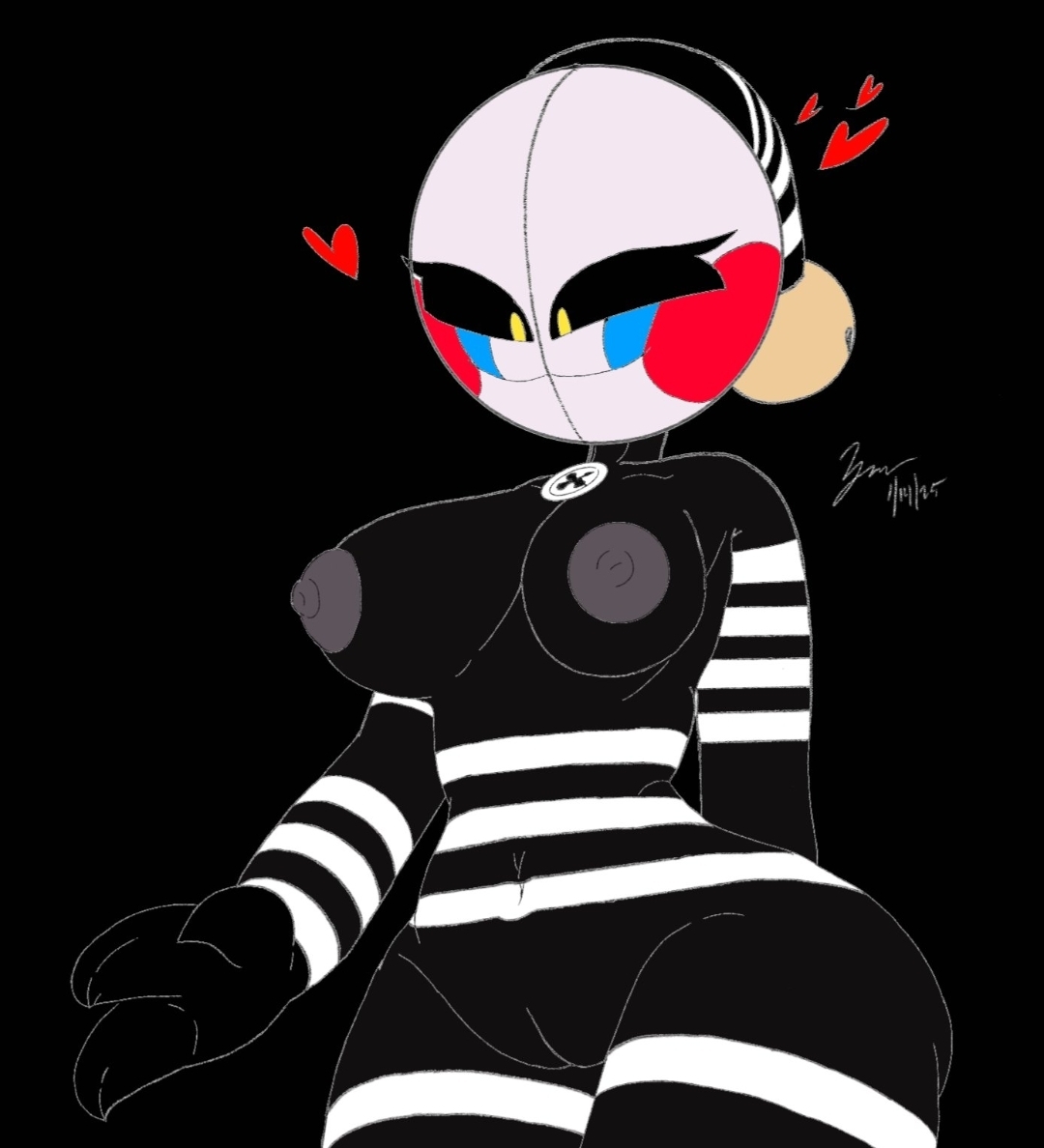 1girls, black body, black nipples, breasts, clown, clown girl, female, female only, five nights at freddy's, freddy fazbear's pizzeria simulator, jester, mime, naked, naked female, nipples, nude, nude female, puppet (fnaf), pussy, security puppet (fnaf), solo, tagme, thick thighs, thighs, yellow eyes, zynox