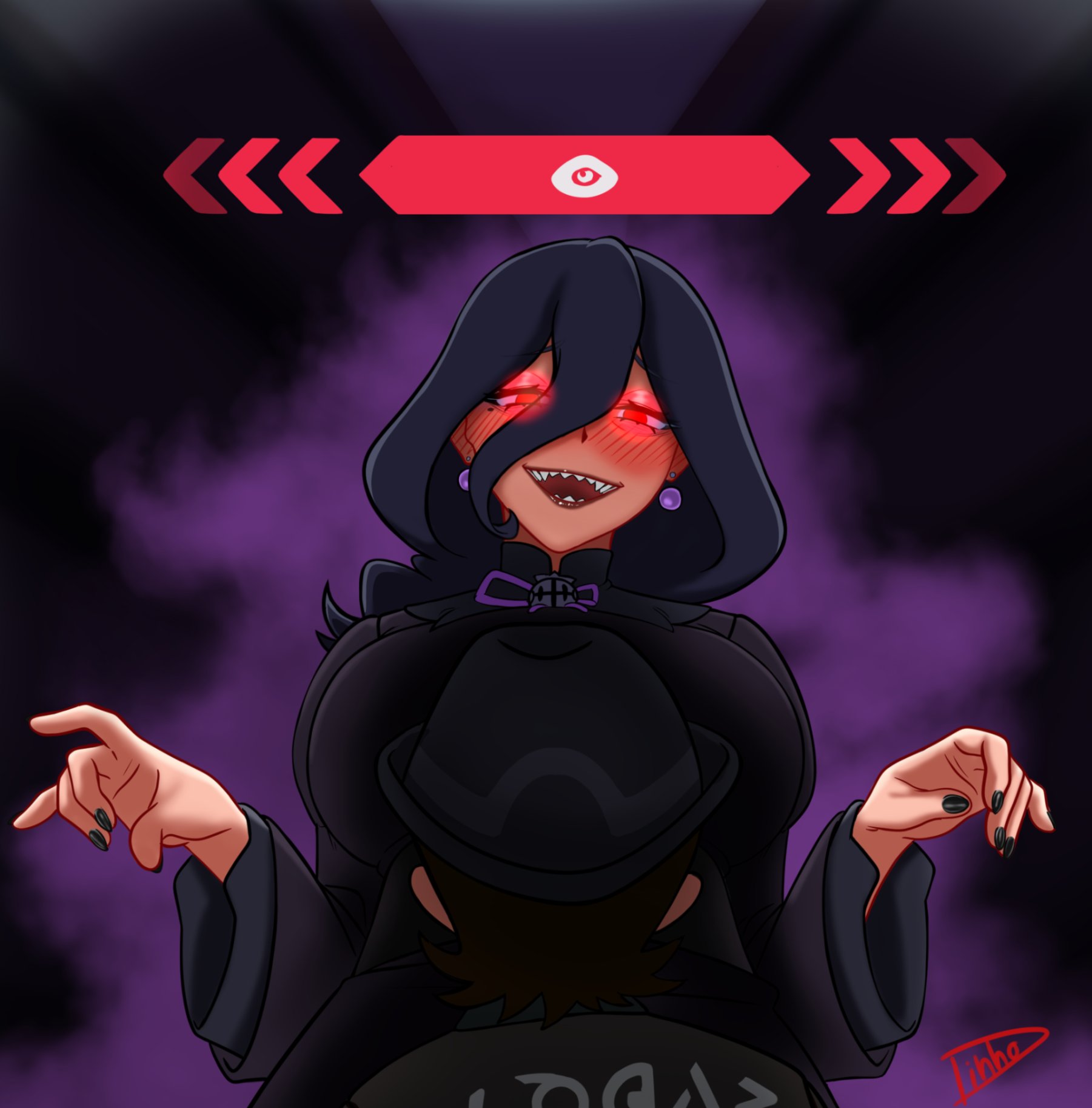 1boy, alpha pokemon, alternate breast size (larger), alternate size, aura, black nails, breasts, dress, earrings, female, gameplay mechanics, glowing, glowing eyes, hair between eyes, hex maniac, hex maniac (pokemon legends: z-a), highres, icon (computing), jewelry, kyouya (pokemon), large breasts, long hair, long sleeves, looking at another, looking at viewer, male, nail polish, naughty face, nintendo, occult maniac, occult maniac (pokemon legends: z-a), occult maniac (pokemon), occult maniac (z-a), open mouth, parody, paxton (pokemon), pokemon, pokemon legends: z-a, puffy long sleeves, puffy sleeves, pun, purple dress, purple eyes, purple hair, red eyes, romulproduce, sexually suggestive, shaded face, sharp teeth, signature, size difference, smile, standing, straight, tall female, teeth, you gonna get raped