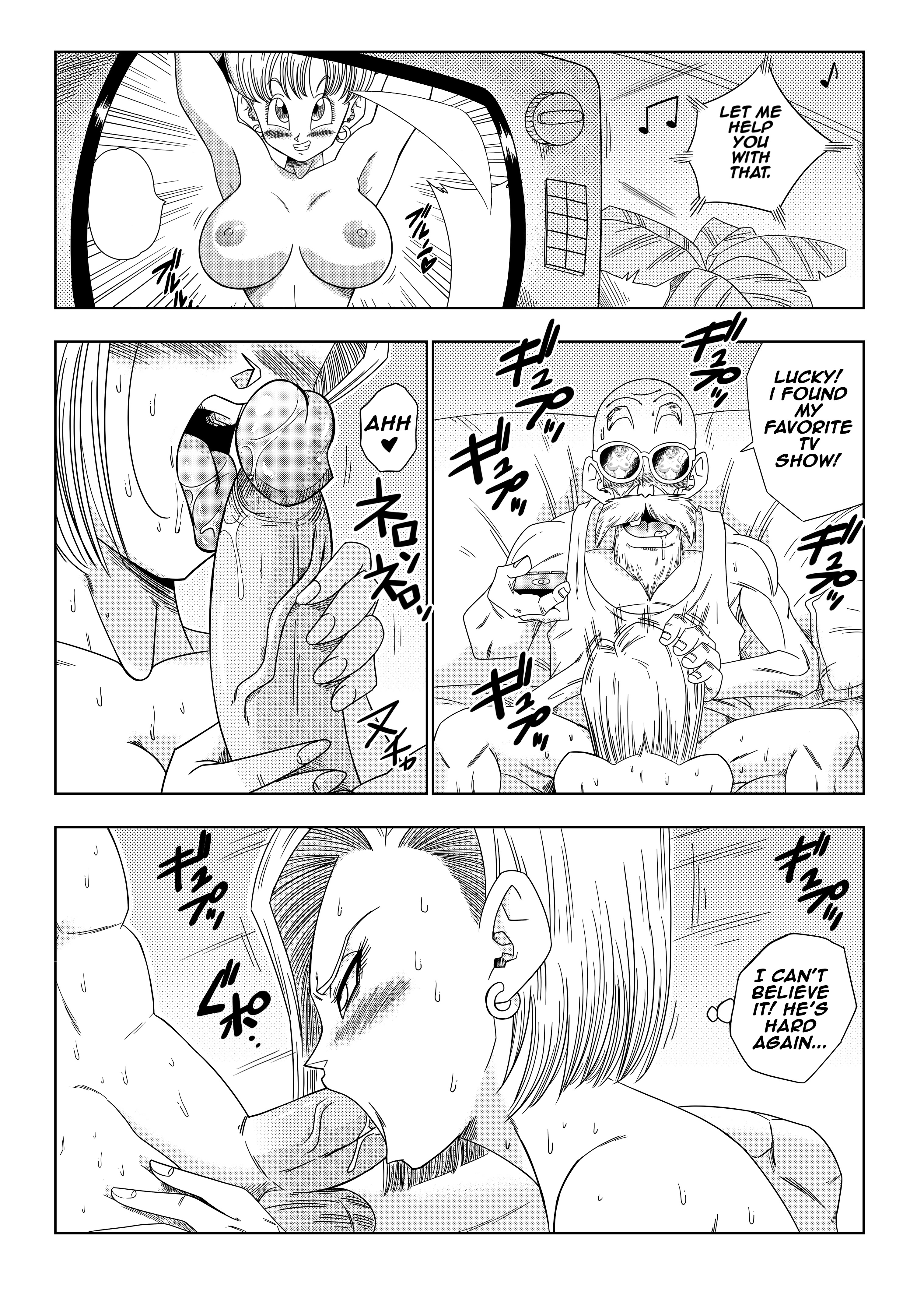 android 18, big breasts, blonde hair, blowjob, blue hair, breasts, bulma briefs, dragon ball, dragon ball z, edit, female, master roshi, watching porn, watching tv, yamamoto doujin