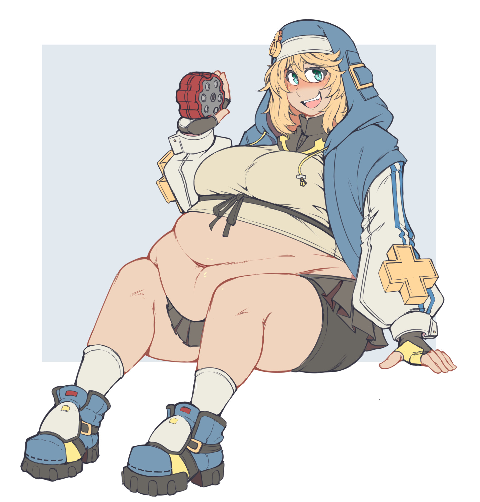 1girls, 2025, big breasts, blonde hair, blue eyes, blush, breasts, bridget, chubby female, fat, female, female only, flustered, guilty gear, guilty gear strive, holding object, hoodie, kittenboogers, light skin, looking at viewer, open mouth, overweight, sitting, sitting down, skirt, smile, solo female, tagme, trans, trans woman, transfem, transgender, transgender woman, tummy
