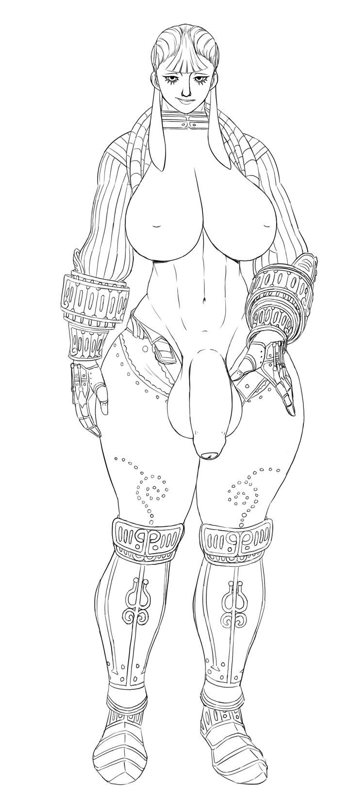 1futa abs armor ashei big_penis big_testicles boots breasts coat exposing flaccid foreskin futa_only futanari gauntlets gloves intersex large_breasts monochrome muscles muscular_futanari nikcesco penis sketch smile smiling solo solo_futa testicles the_legend_of_zelda trousers