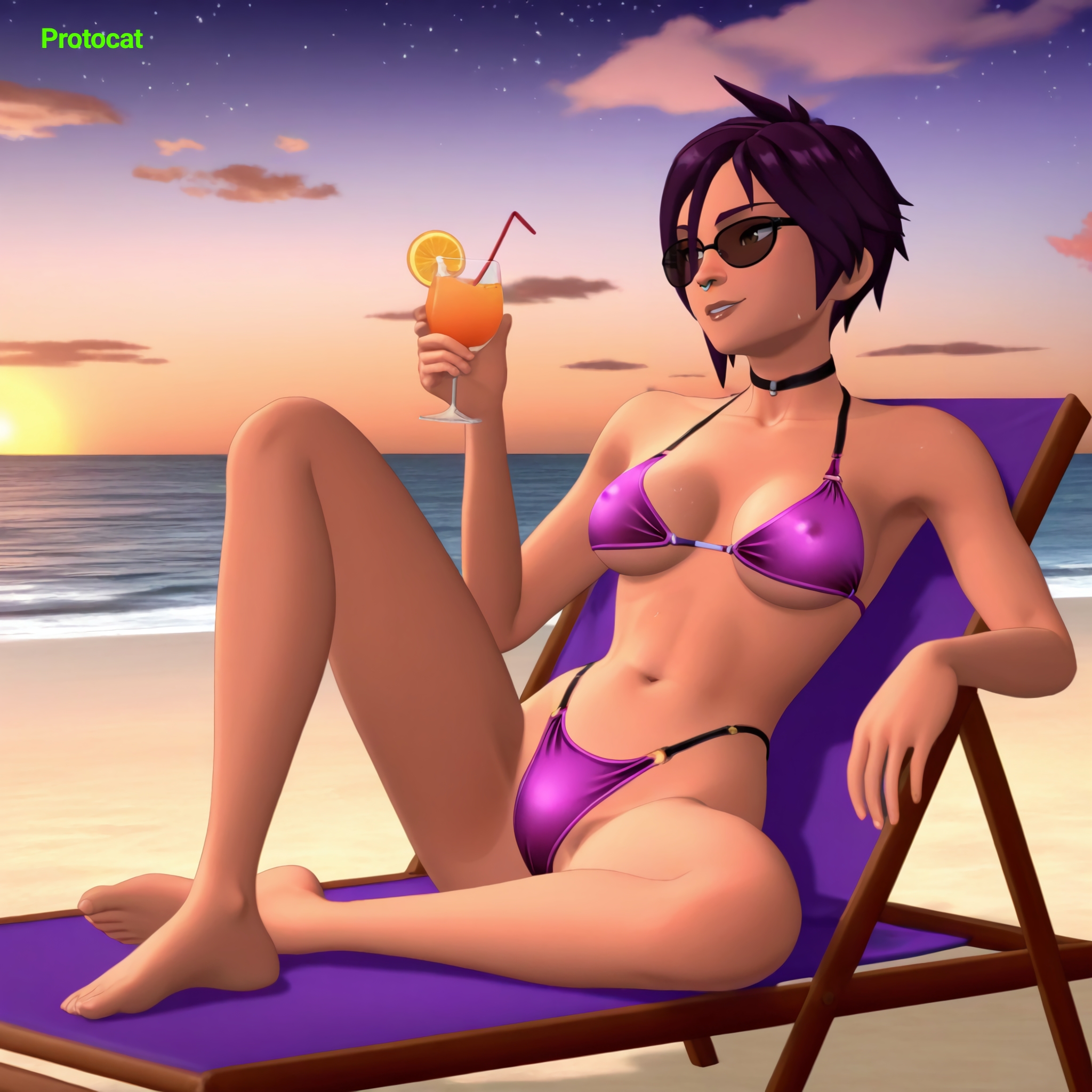 1girls, 3dcg, ai assisted, ai generated, bare arms, bare ass, bare shoulders, bare thighs, barefoot, beach, beach chair, bikini, bikini bottom, bikini top, breasts, brown eyes, brown lips, cel shading, cleavage, dispatch (game), drink, drinking glass, eyewear, female, female focus, highleg, highleg bikini, invisigal, leaning, leaning back, protocat, purple clothing, purple hair, seaside, short hair, short hair female, slender, slender body, slender legs, slender waist, slim, smile, solo, solo female, sunglasses, tinted eyewear, tomboy