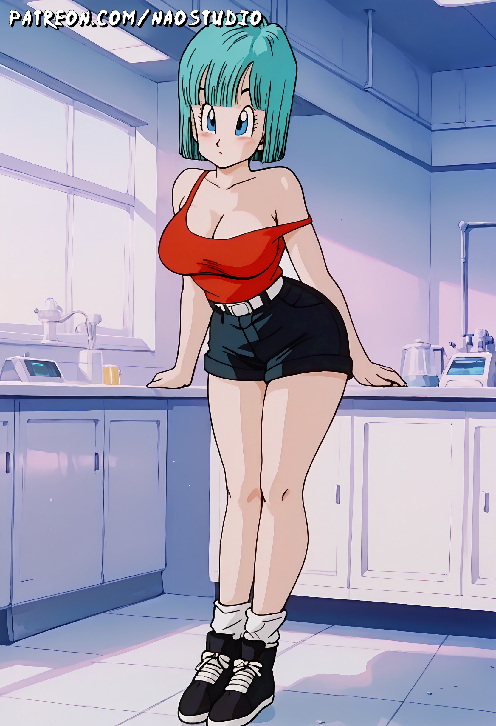 aged up, ai generated, ass, blue eyes, blue hair, breasts, bulma briefs, dragon ball, dragon ball z, female, from behind, highres, looking at viewer, naked, naostudio, nipples, nude, pussy, solo, spread legs, time paradox