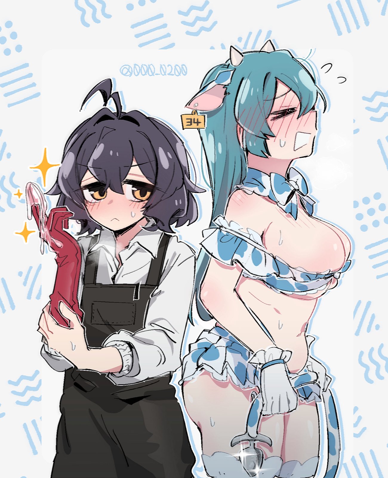 2girls, ahoge, an sin, ass, bangs, big ass, big breasts, big butt, big thighs, black hair, black nails, blue hair, blush, blush lines, breasts, bridal gauntlets, buns, butt blush, cow ears, cow girl, cow horns, cow print bikini, cowgirl outfit, cute fang, elbow gloves, female, female only, gloves, gushing over magical girls, hair, hair bun, hair ornament, hairbow, hiiragi utena, hips, long hair, magia azul, magia baiser, mahou shoujo ni akogarete, masochism, masochistic female, minakami sayo, miniskirt, nail polish, one eye closed, painted nails, panties, pussy, skindentation, sleeves past fingers, sleeves past wrists, spiral eyes, star pasties, thick thighs, thighhighs, thighs, thong, unaligned breasts, yellow eyes, yuri