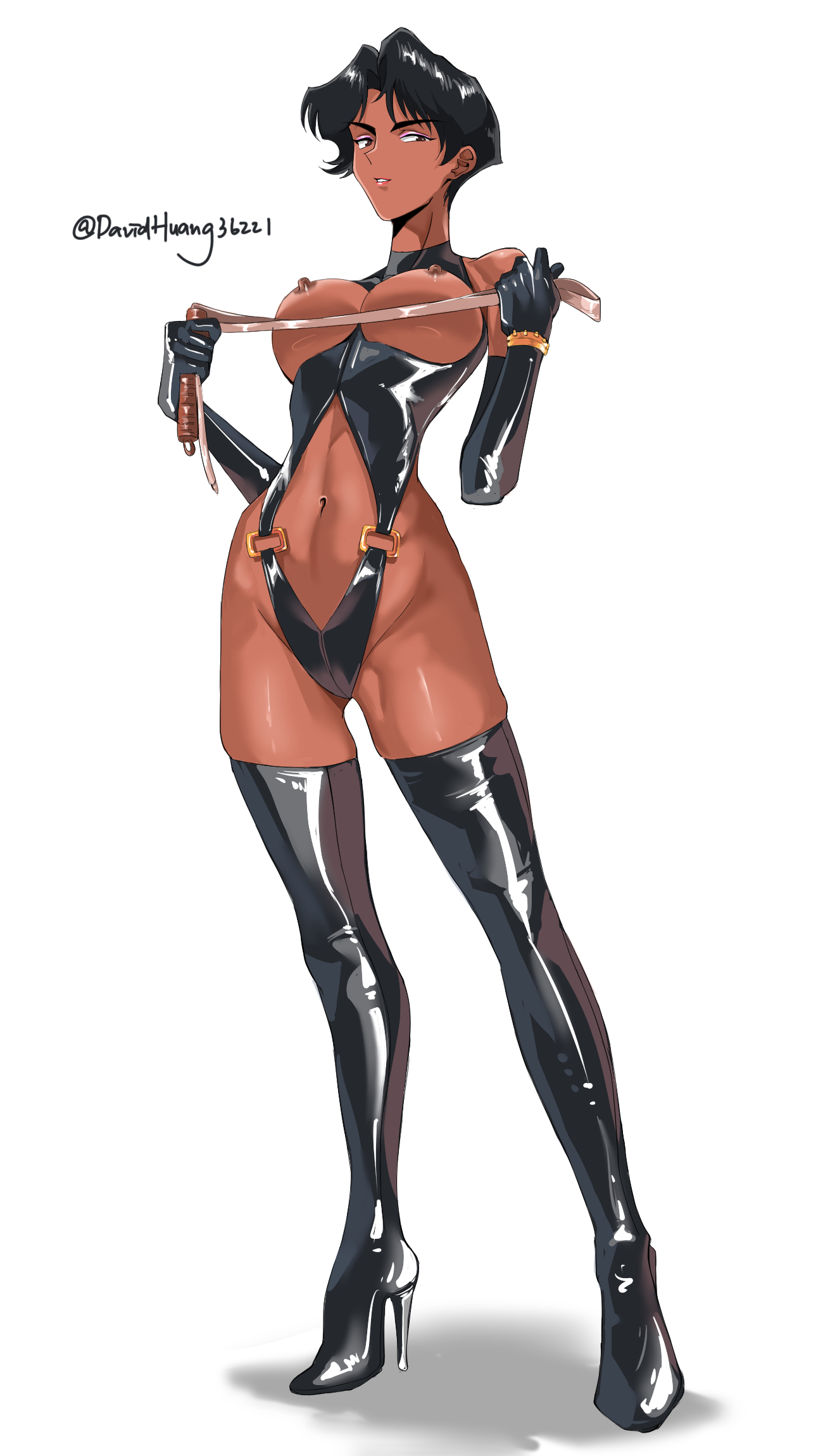 1girls, areolae, armwear, ayuko hayami, big breasts, black gloves, black hair, black thighhighs, breasts, brown eyes, clothing, davidhuang36221, eyeshadow, female, female only, footwear, full body, gloves, golden boy, hair, heels, high heels, holding object, holding weapon, latex, latex clothing, latex gloves, latex thighhighs, legwear, nipples, revealing clothes, skimpy, skimpy clothes, solo, solo female, thighhighs, weapon, whip