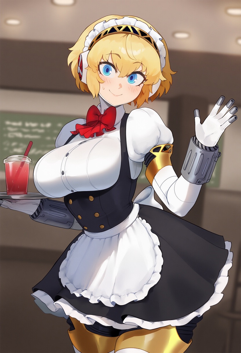 1girls, 777form777, ai generated, aigis (persona), blonde hair, blue eyes, blush, breasts, cafe, drink, female, female only, holding tray, huge breasts, looking at viewer, maid, maid headdress, maid outfit, maid uniform, makeup, persona, persona 3, robot, robot girl, sfw, short hair, simple background, solo, solo female, tray, waving, waving at viewer