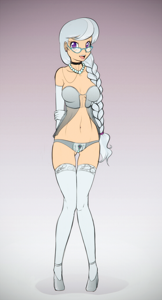 1girls braid breasts cleavage corset elbow_gloves female female_only friendship_is_magic glasses gloves hasbro high_heels human humanized legwear long_hair my_little_pony purple_eyes scorpdk silver_hair silver_spoon silver_spoon_(mlp) solo standing stockings thighhighs underwear