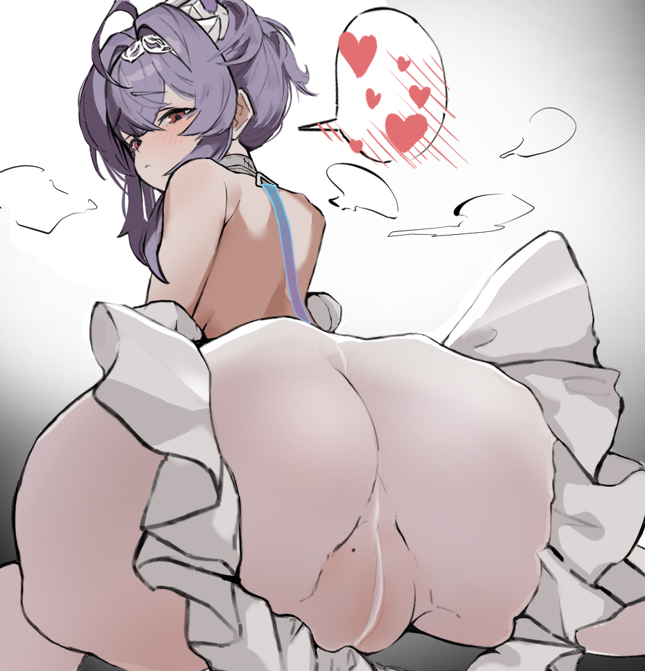 1girls, ahoge, ass, ass focus, back, back view, blush, embarrassed, eyebrows visible through hair, female, female only, goddess of victory: nikke, gradient background, hair intakes, hairband, heart, leggings, liberalio (nikke), light skin, light-skinned female, looking at viewer, looking back, mole, mole on pussy, nakagura, purple hair, red eyes, simple background, sitting, solo, speech bubble, spoken heart, steam, white background, white legwear