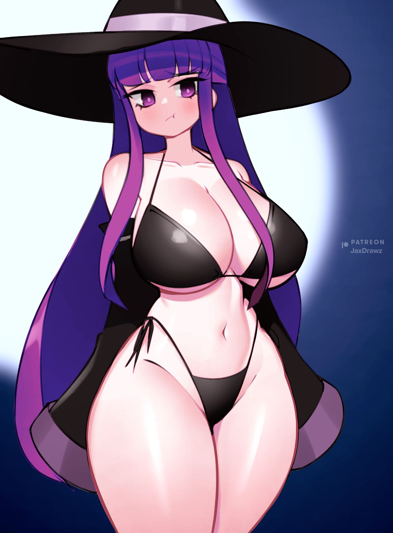 1girls, 2d, 2d (artwork), 2d artwork, artist name, belly, big breasts, big hips, big thighs, bikini, bikini bottom, bikini top, blush, breasts, cleavage, clothed, clothed female, clothes, clothing, commission, commission art, cropped legs, curvy, curvy body, curvy female, curvy figure, curvy hips, curvy thighs, digital drawing (artwork), digital media (artwork), ear, embarrassed, embarrassed exposed female, embarrassed nude exposure, embarrassed nude female, eyelashes, eyes, eyes open, fanart, female, female focus, female only, fern (sousou no frieren), frieren beyond journey's end, half naked, half-dressed, hips, hourglass figure, human, human female, humanoid, jaxdrawz, legs, light skin, light-skinned female, long hair, long hair female, moon, moonlight, navel, neck, no dialogue, nude, nude female, open eyes, open topwear, partially clothed, partially nude, patreon, patreon logo, purple eyes, purple hair, purple hair female, sexually suggestive, shiny body, shiny breasts, shiny skin, shiny thighs, shy, simple background, slim, slim female, solo, solo female, solo focus, sousou no frieren, text, thick thighs, thighs, undressed, voluptuous, voluptuous female, watermark, white body, white skin, wide thighs, witch hat