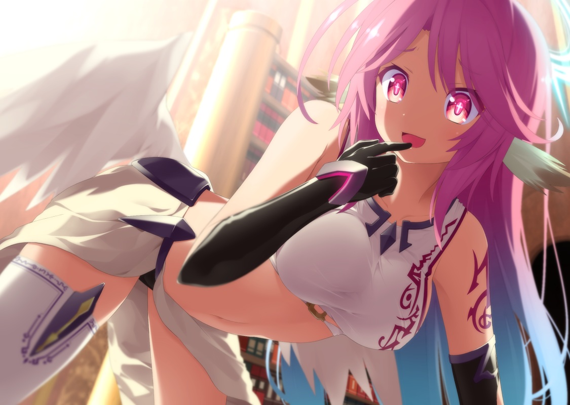 black panties, female, finger in mouth, jibril (no game no life), no game no life, panties, pink eyes, solo