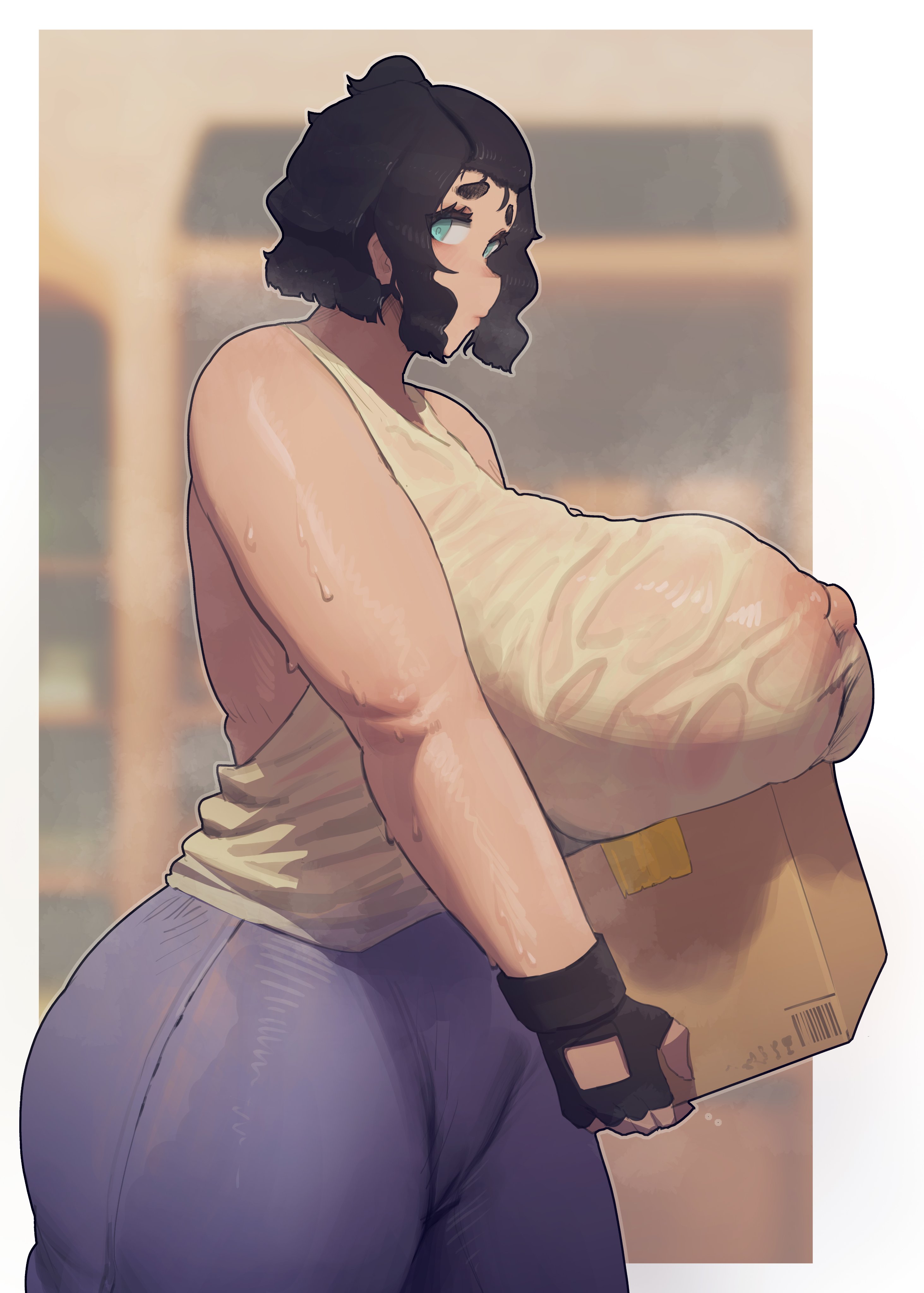 absurdres, aqua eyes, black gloves, black hair, blue pants, box, breast rest, breasts, cameltoe, cardboard box, delivery, female, fingerless gloves, from side, gigantic breasts, gloves, green eyes, highres, holding, holding box, huge breasts, lips, mmmmmkun, nipples, original, pants, sagging breasts, see-through clothes, see-through shirt, shirt, short hair, sideboob, sleeveless, sleeveless shirt, solo, standing, sweat, tank top, very sweaty, white shirt, white tank top