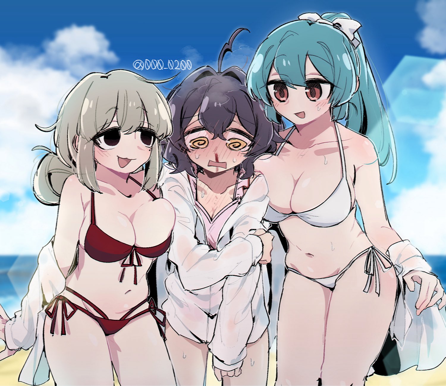 :3, 3girls, ahoge, an sin, araga kiwi, bangs, beach, big breasts, bikini, black hair, black nails, blue hair, blush, breast press, breasts, bridal gauntlets, buns, cute fang, elbow gloves, female, female only, gloves, gushing over magical girls, hair, hair bun, hair ornament, hairbow, hiiragi utena, hips, leopard (mahou shoujo ni akogarete), long hair, magia azul, magia baiser, mahou shoujo ni akogarete, minakami sayo, nail polish, one eye closed, painted nails, red eyes, saliva, skindentation, sleeves past fingers, sleeves past wrists, spiral eyes, star pasties, thighhighs, thighs, thong, unaligned breasts, yellow eyes, yuri