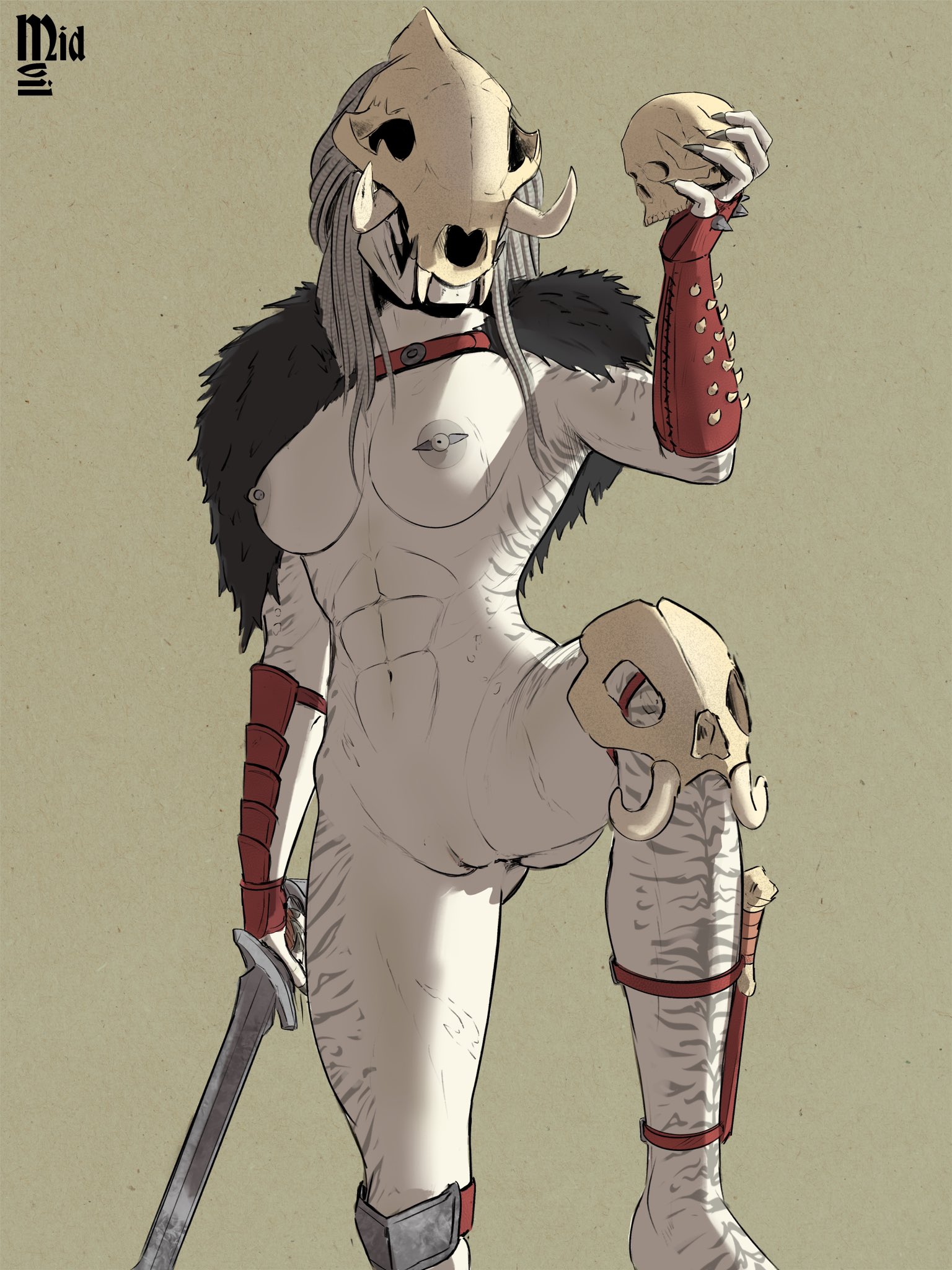 3:4, abs, alien, alien humanoid, areola, ass, bone, bone mask, breasts, butt from the front, colored nails, female, female yautja, feral predator, front view, genitals, grey areola, grey hair, grey nails, grey nipples, grey stripes, hair, hi res, holding melee weapon, holding object, holding skull, holding sword, holding weapon, humanoid, mandibles, mask, melee weapon, midevil, nails, navel, nipple piercing, nipples, piercing, predator (franchise), pussy, simpe background, skull, skull mask, solo, stripes, sword, thick thighs, vulva, weapon, white body, wide hips, yautja