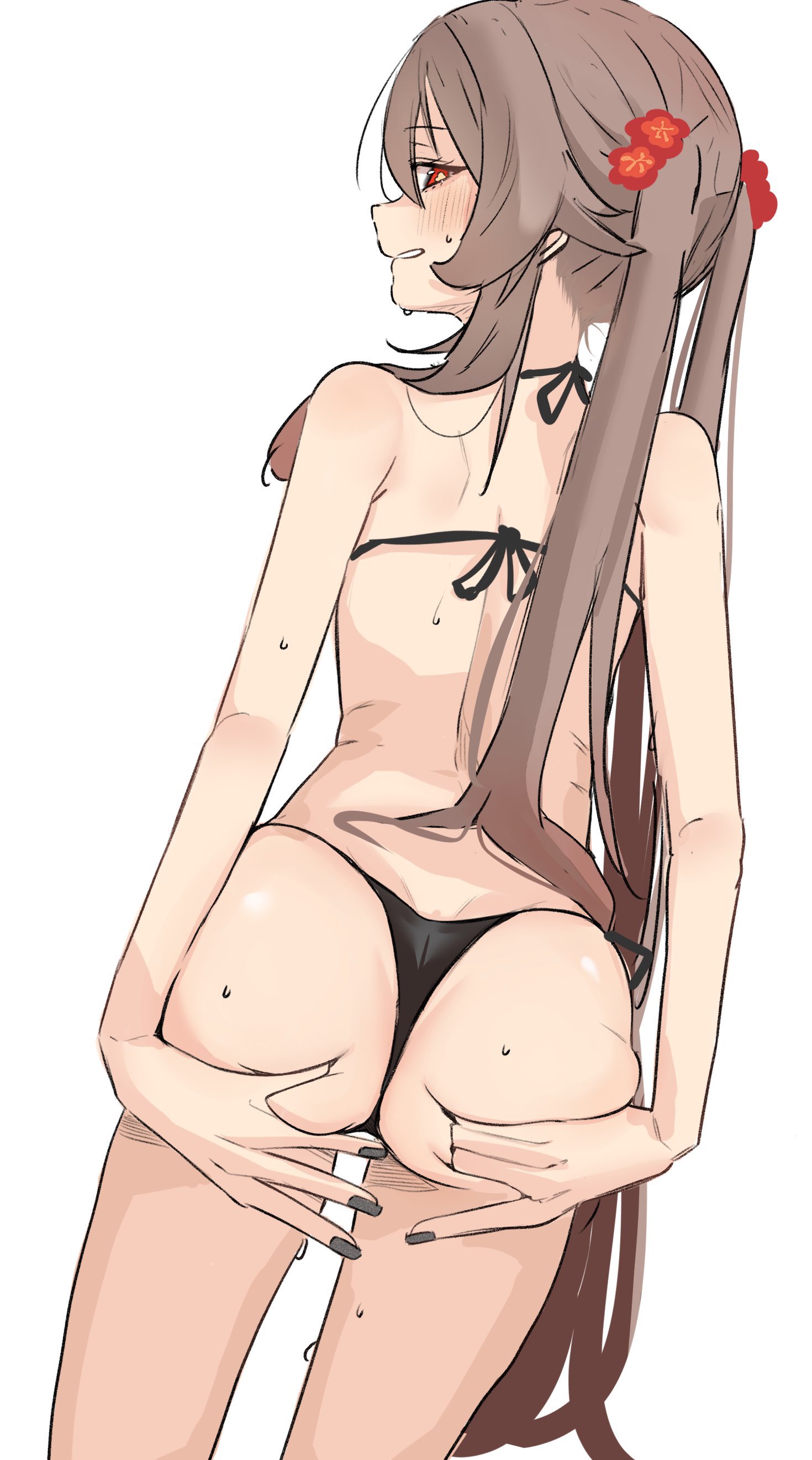 absurdres, ass, back, bikini, black bikini, black nails, blush, brown hair, commentary request, cowboy shot, dutch angle, female, flower, from behind, genshin impact, grabbing own ass, hair flower, hair ornament, highres, hu tao (genshin impact), light smile, long hair, looking back, nail polish, parted lips, red eyes, showtime775, sidelocks, simple background, solo, sweat, swimsuit, twintails, white background