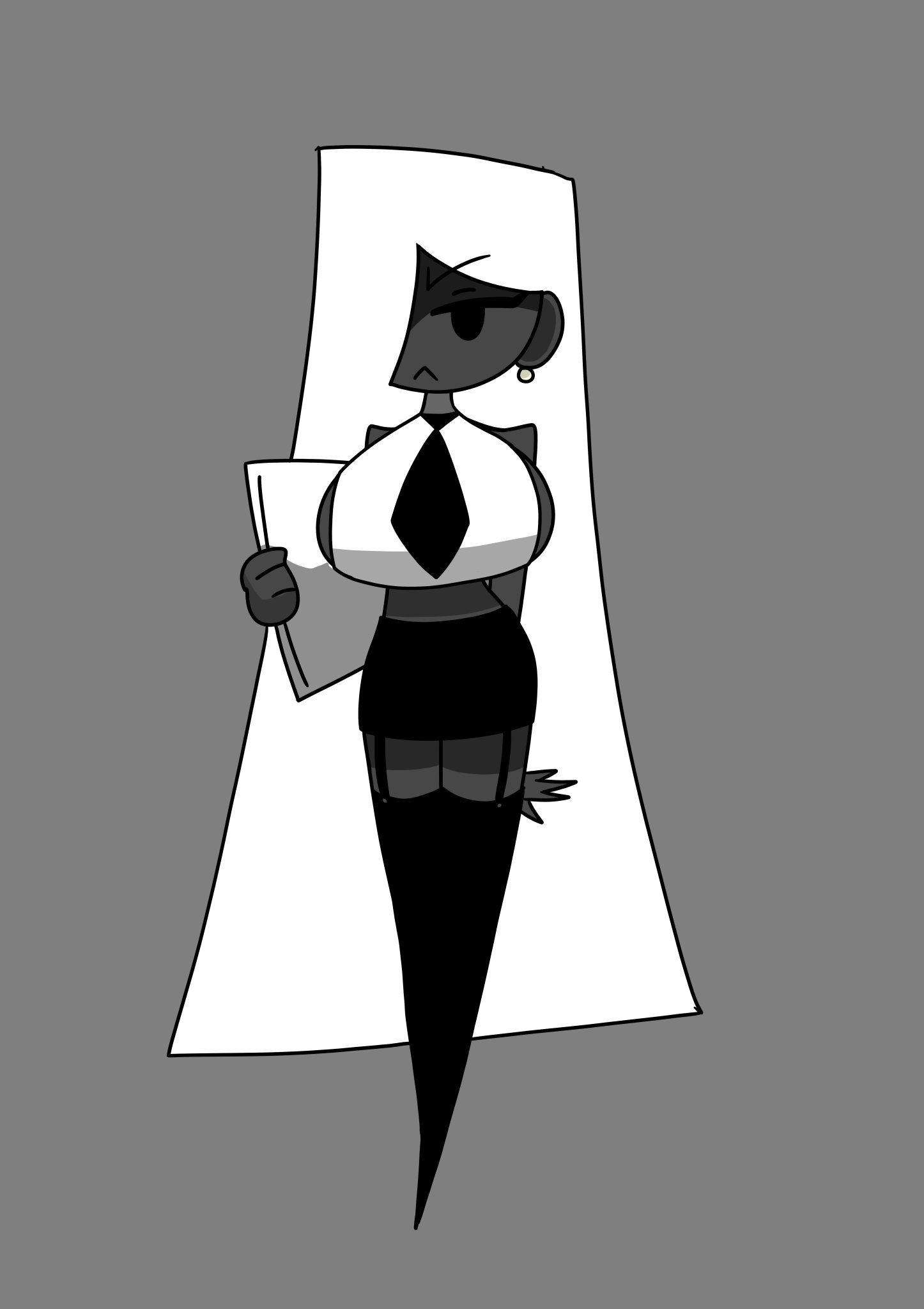 1girls, 2020s, 2025, 2d, alternate version at source, alternate version available, atastic, big boobs, big breasts, big tits, black lopeargam (artist), breasts, digital, earrings, fanart, female, female human, female only, grey background, grey body, grey skin, hi res, huge boobs, huge breasts, huge tits, human, jpeg, long hair, monochrome, oc, office lady (atastic), original, original character, shirt, skirt, solo, standing, standing position, thighhighs, white hair