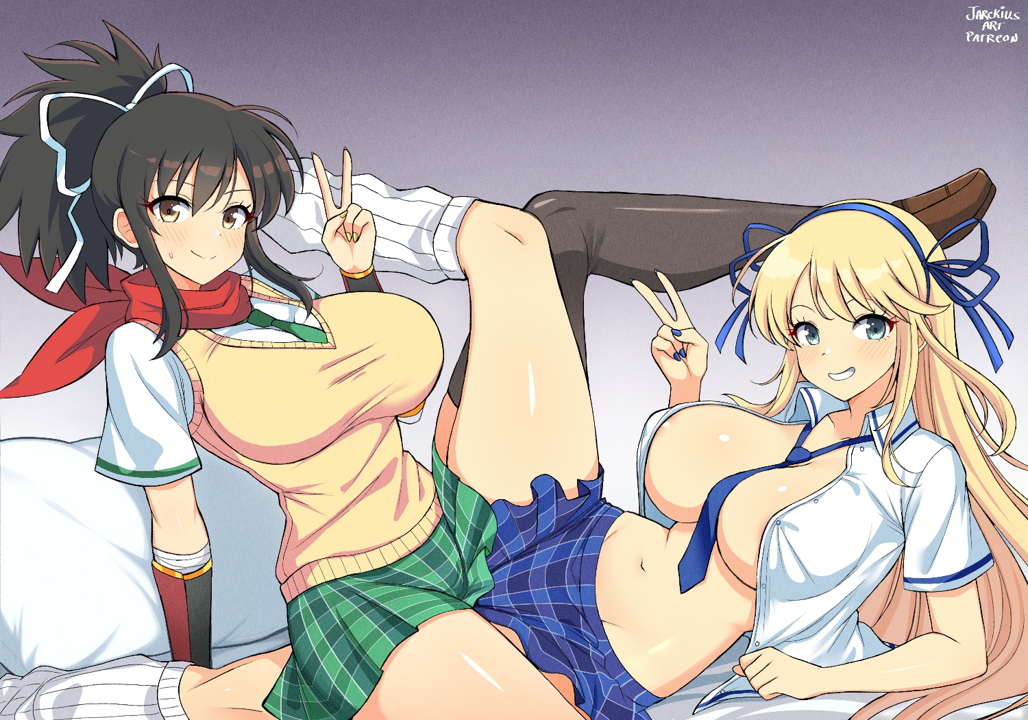 2girls, aqua eyes, asuka (senran kagura), black hair, blonde hair, blue skirt, breasts, brown eyes, female, female only, female/female, green skirt, hair ribbon, implied sex, implied tribadism, jarckius, katsuragi (senran kagura), kneehighs, large breasts, long hair, looking at viewer, miniskirt, multiple females, multiple girls, nail polish, necktie, no bra, open clothes, open shirt, ponytail, ribbon, scarf, senran kagura, sexually suggestive, skirt, smile, socks, suggestive, suggestive pose, sweater vest, thighhighs, tribadism, v, white ribbon, yuri