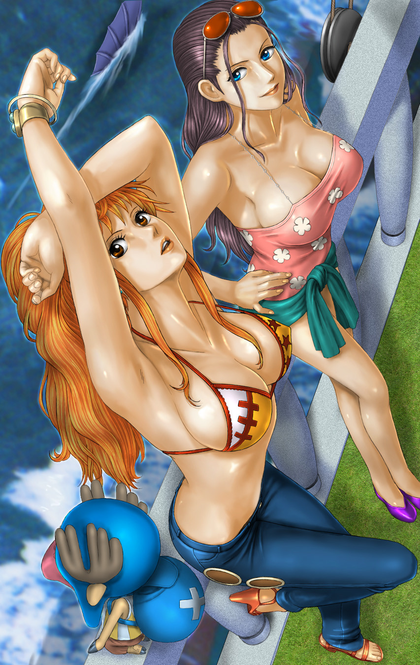 1boy 2girls anthro antlers artist_request ass_cleavage bikini_bra bikini_top blue_eyes breasts busty butt_crack cleavage erect_nipples female glasses high_heels jeans male nami nico_robin nipples one_piece open_toe_shoes orange_eyes orange_hair post-timeskip purple_hair reindeer sea tony_tony_chopper voluptuous