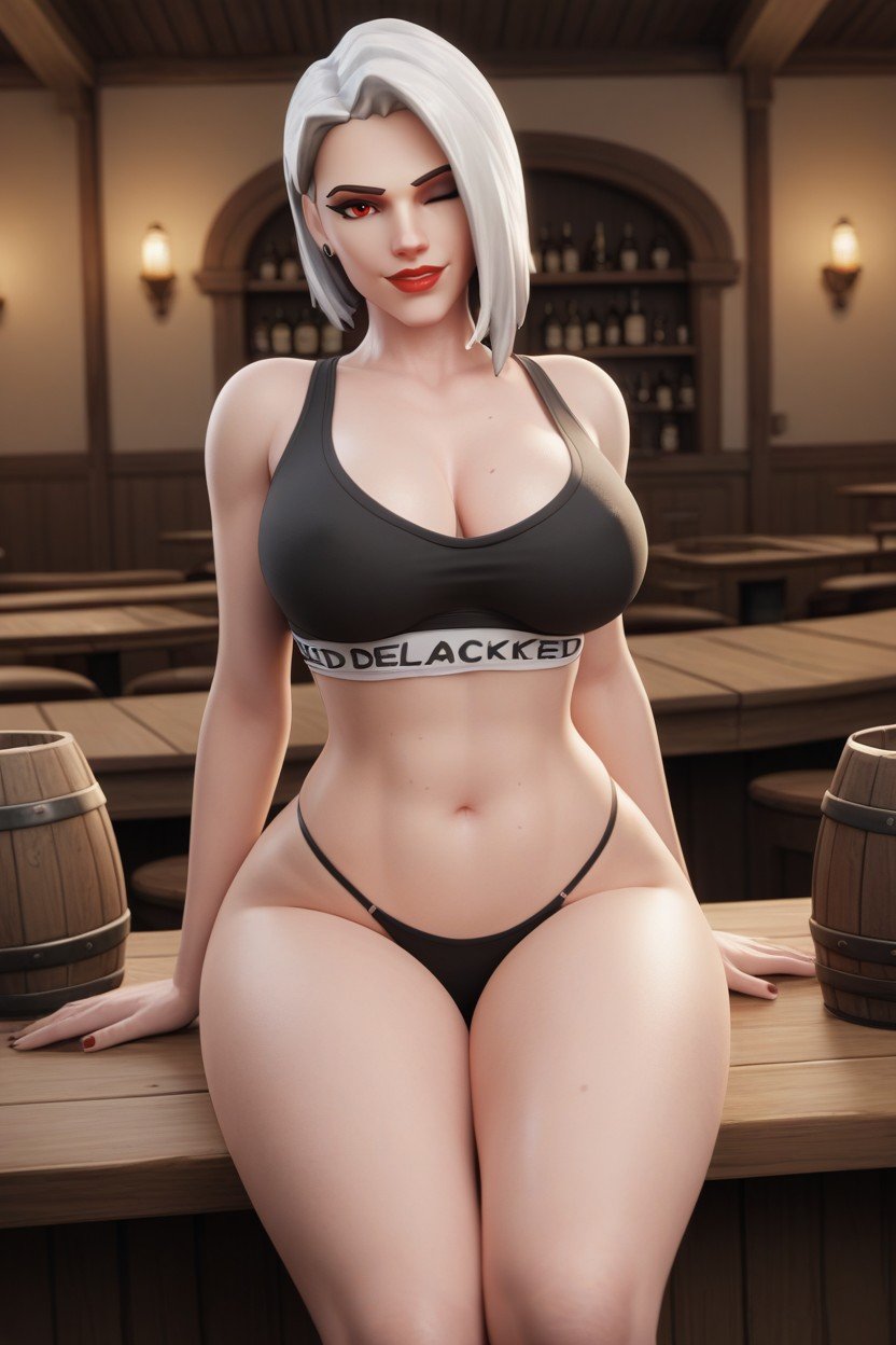 ai generated, ashe (overwatch), big ass, big breasts, black bra, black thong, blacked, blacked clothing, breasts, female, overwatch, red eyes, table, tavern, white hair, white skin, wink