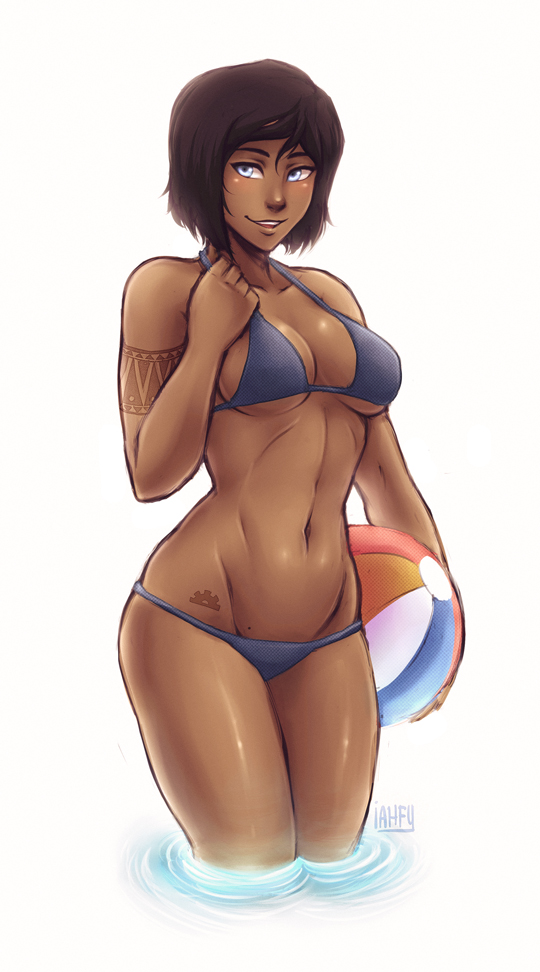 1girls, avatar legends, beach ball, bikini, blue eyes, breasts, brown hair, cleavage, dark skin, dark-skinned female, female, female only, hourglass figure, human, k-y-h-u, korra, medium breasts, navel, partially submerged, short hair, smile, solo, standing, straight hair, swimsuit, tattoo, the avatar, the legend of korra, water tribe